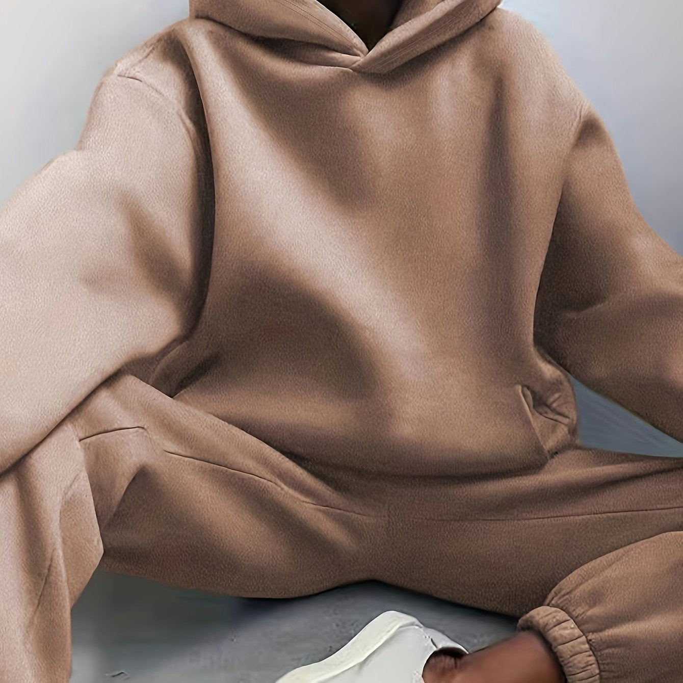Antmvs Casual Solid Two-piece Set, Drop Shoulder Long Sleeve Hoodies & Elastic Waist Jogger Pants Outfits, Women's Clothing