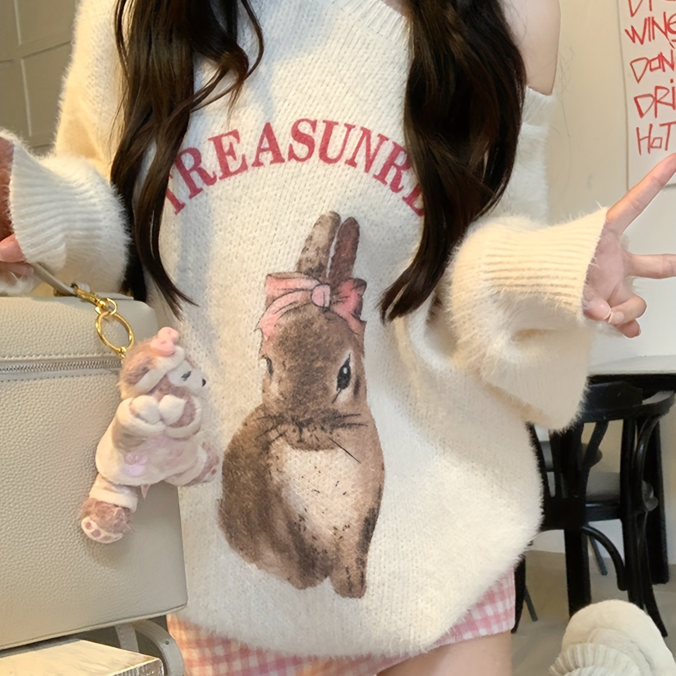 Antmvs Rabbit & Letter Pattern Knitted Sweater, Casual Crew Neck Long Sleeve Pullover Sweater For Fall & Winter, Women's Clothing