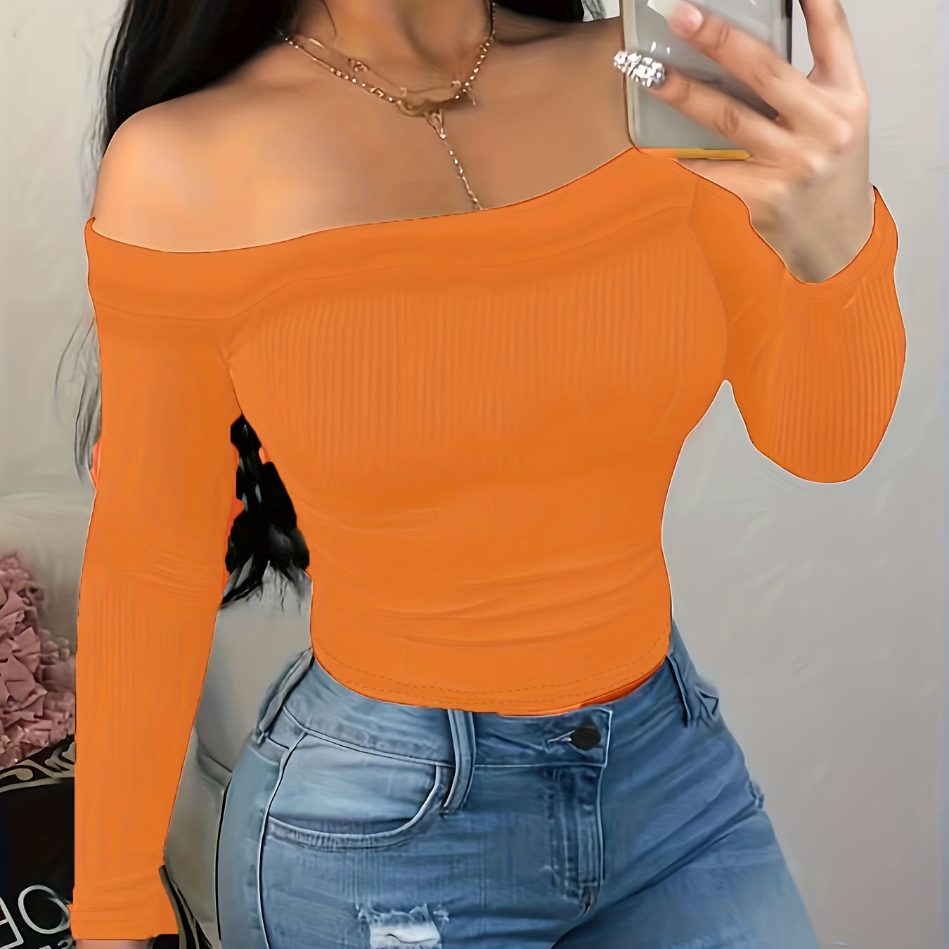 Antmvs Solid Off Shoulder Slim Sweater, Casual Long Sleeve Sweater For Spring & Fall, Women's Clothing