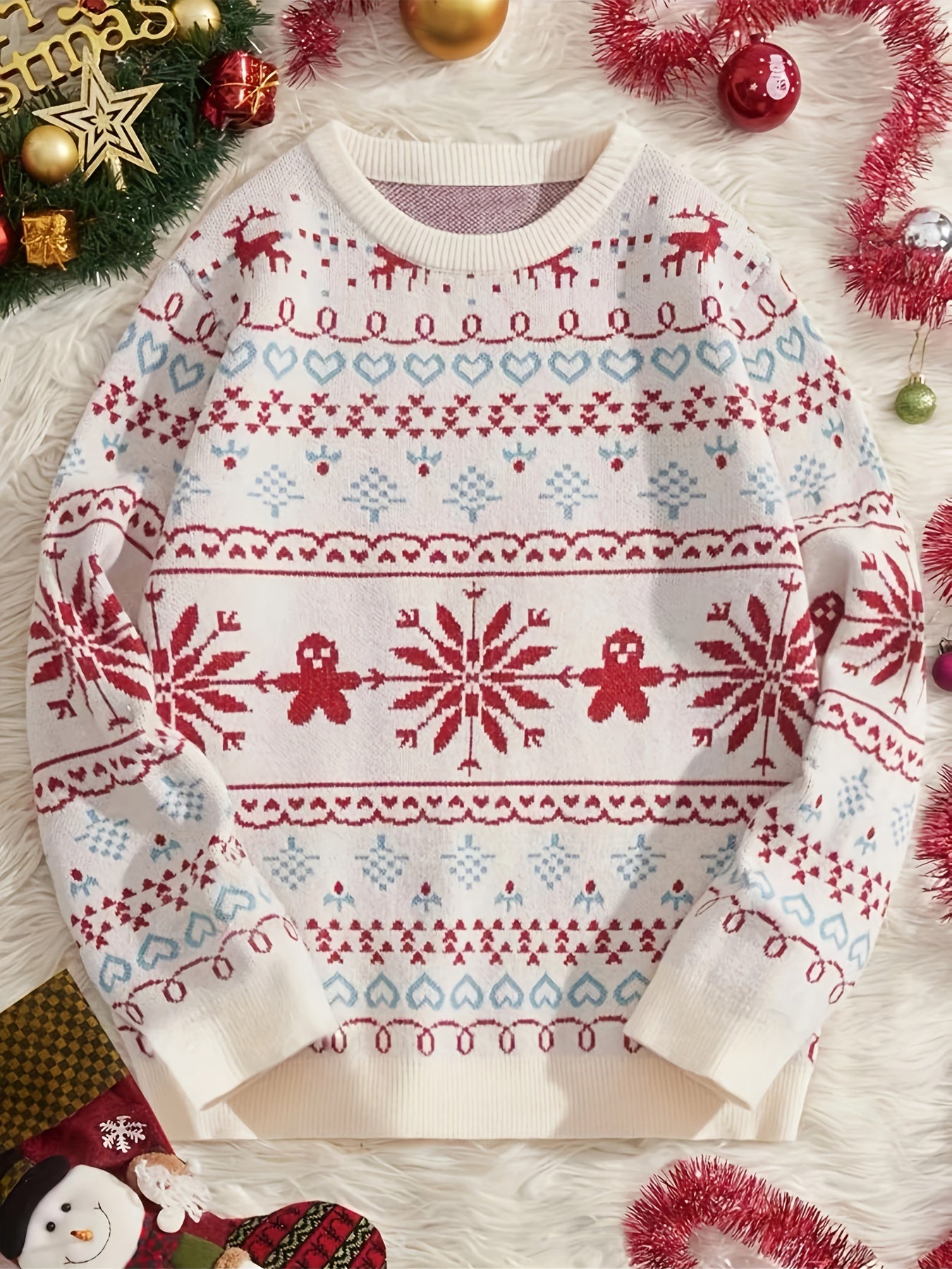 Antmvs Christmas Snowflake Pattern Knitted Pullover Sweater, Casual Long Sleeve Sweater For Fall & Winter, Women's Clothing