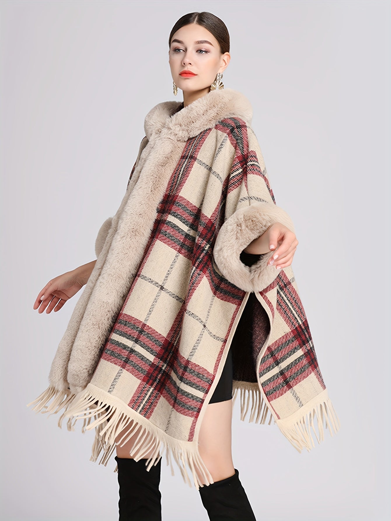 Antmvs Fuzzy Trim Plaid Cape Cardigan, Elegant Tassel Open Front Shawl Tops, Women's Clothing