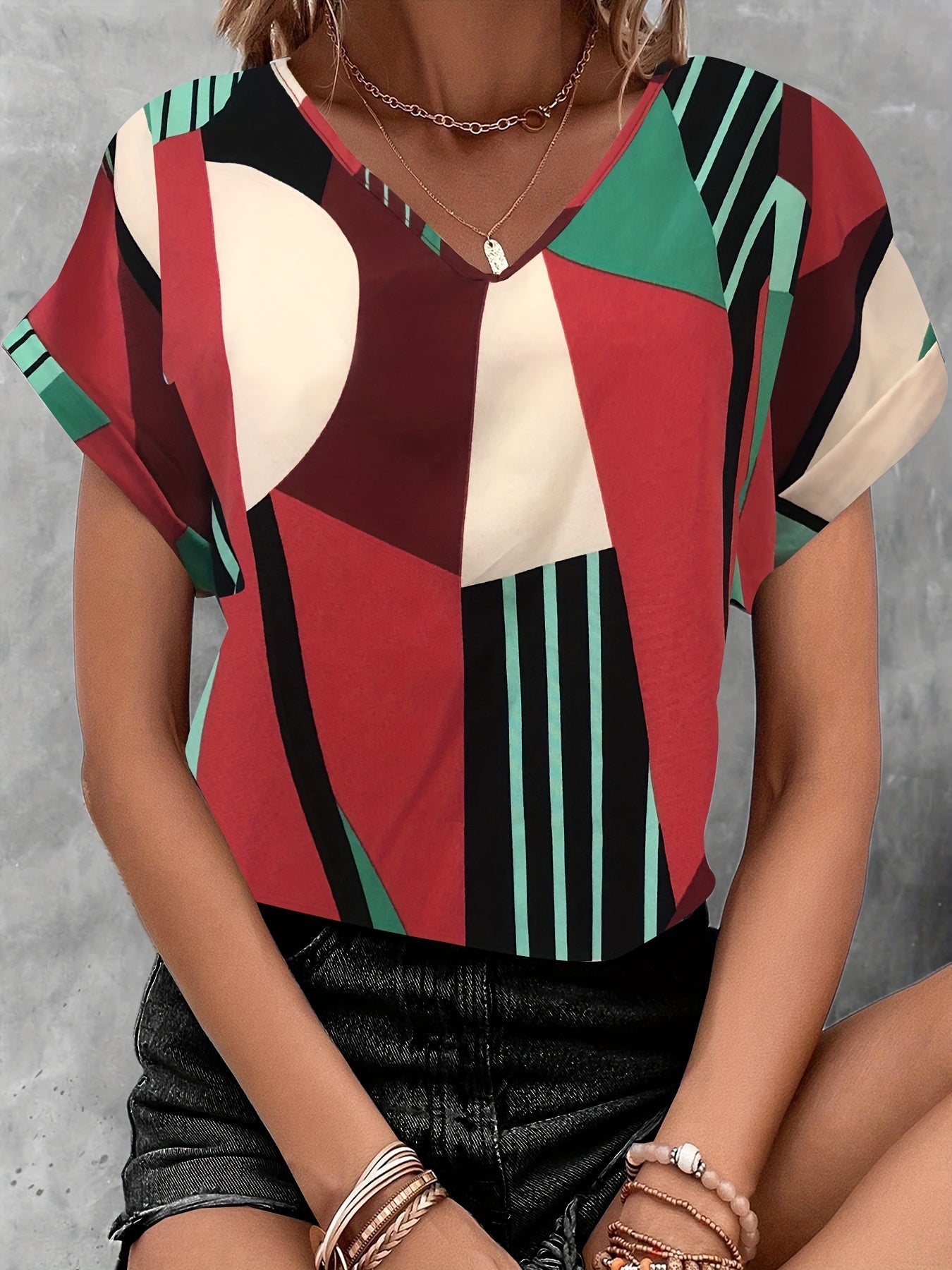 Antmvs Color Block V-neck Blouse, Casual Short Sleeve Blouse For Spring & Summer, Women's Clothing