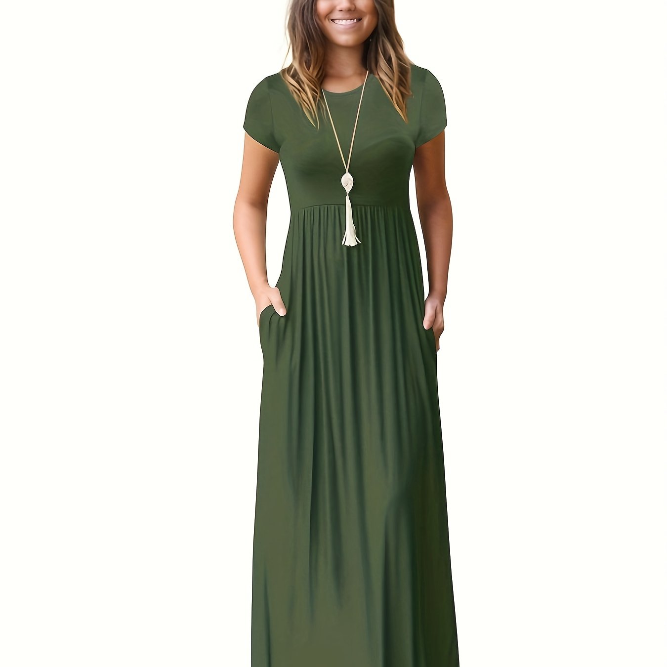 Antmvs Pleated Maxi Dress, Casual Crew Neck Short Sleeve Dress With Pockets, Women's Clothing