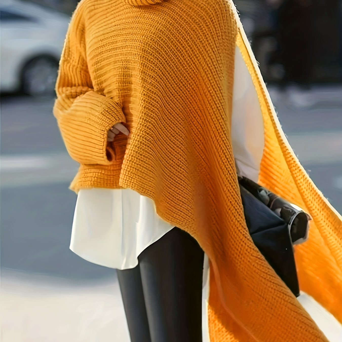 Antmvs Plus Size Elegant Sweater, Women's Plus Solid Single Long Sleeve Turtle Neck Irregular Cloak High Stretch Split Pullover Jumper