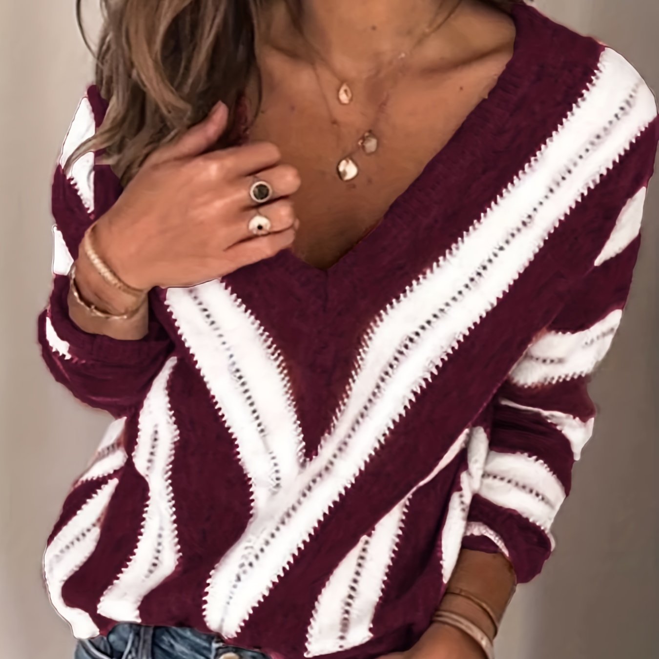 Antmvs Striped Pattern Eyelet Embroidered V Neck Pullover Sweater, Casual Long Sleeve Sweater For Fall & Winter, Women's Clothing