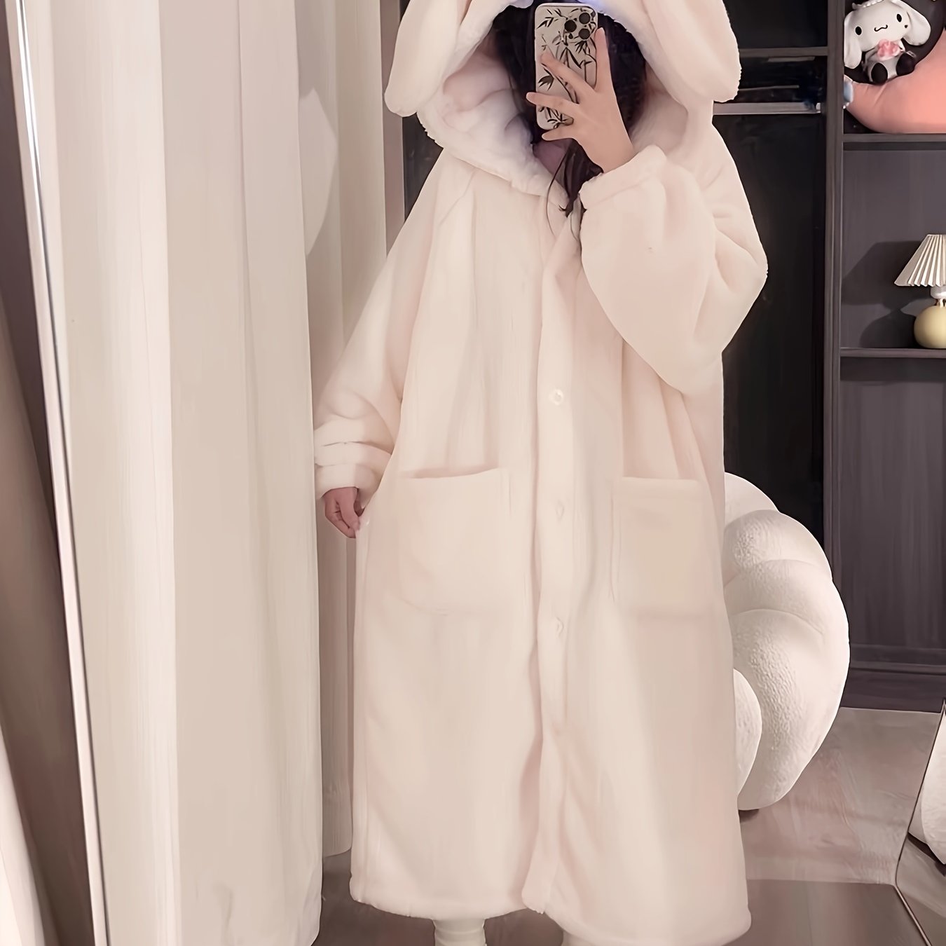 Antmvs Cute Rabbit Hooded Fleece Night Robe, Thickened Long Sleeve Button Up Robe With Pockets, Women's Sleepwear & Dresses