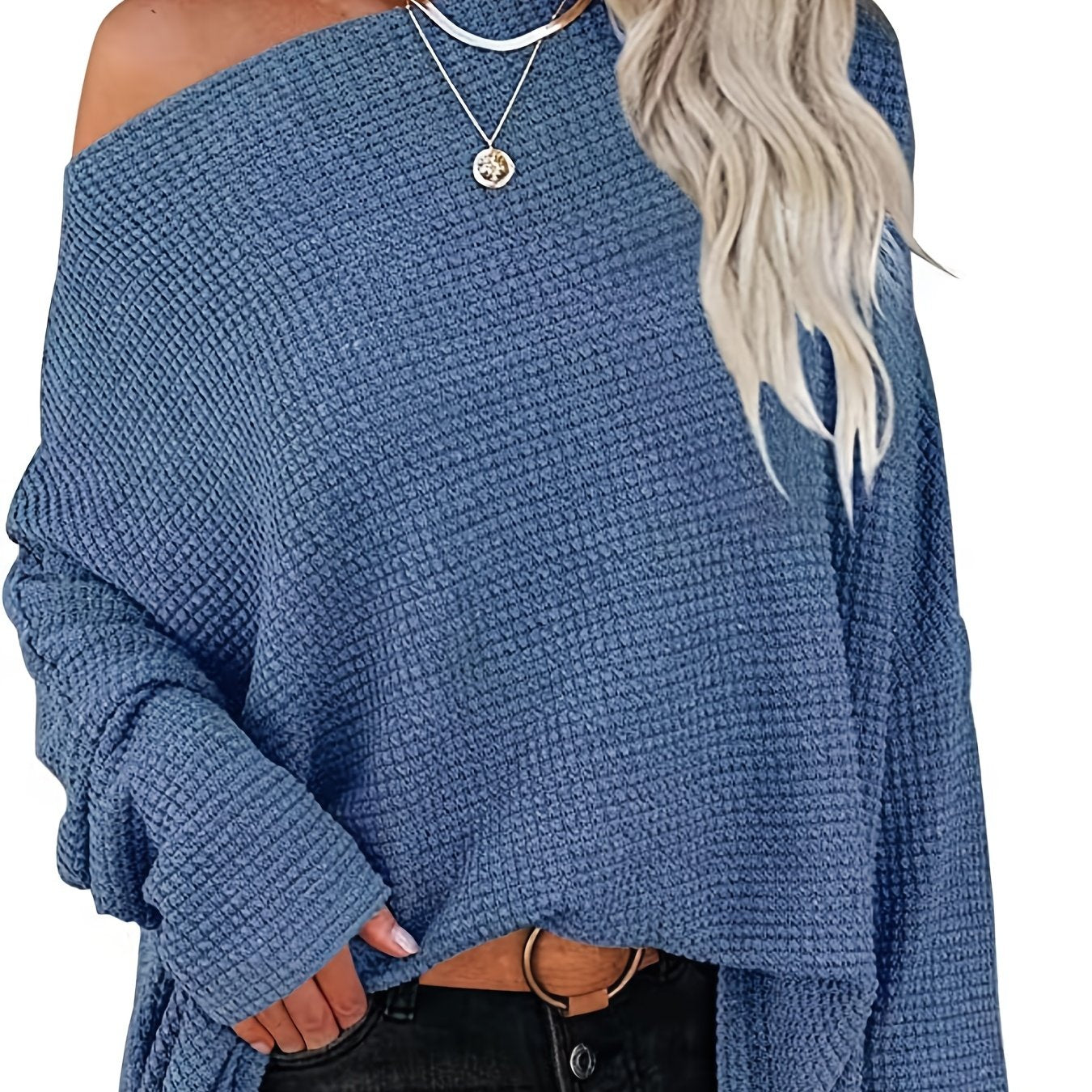 Antmvs Women's Casual Off Shoulder Bat Long Sleeve Waffle Knitted Oversized Pullover Sweater, Casual Tops For Fall & Winter, Women's Clothing