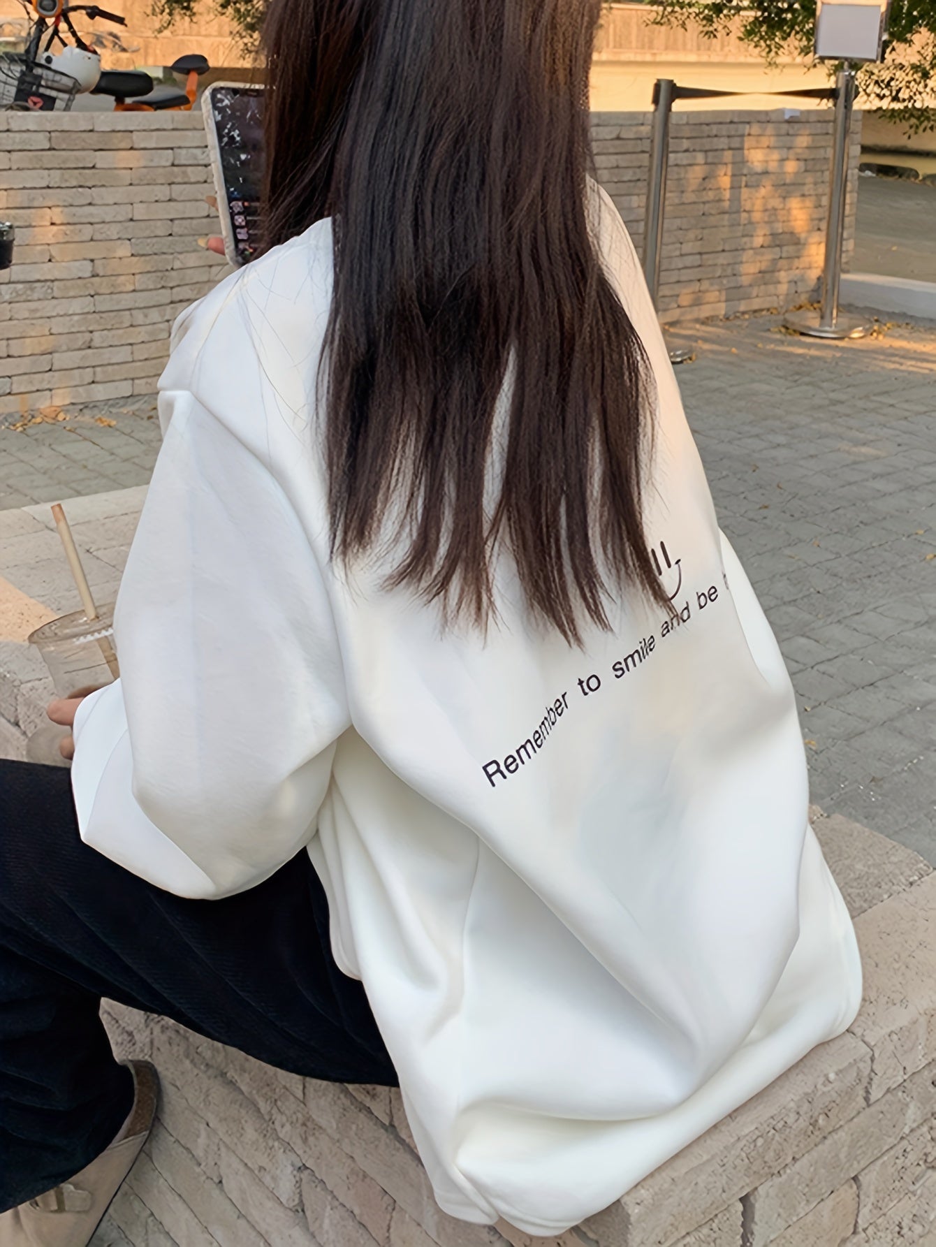 Antmvs Smile Face & Letter Print Pullover Sweatshirt, Casual Long Sleeve Crew Neck Sweatshirt For Fall & Winter, Women's Clothing