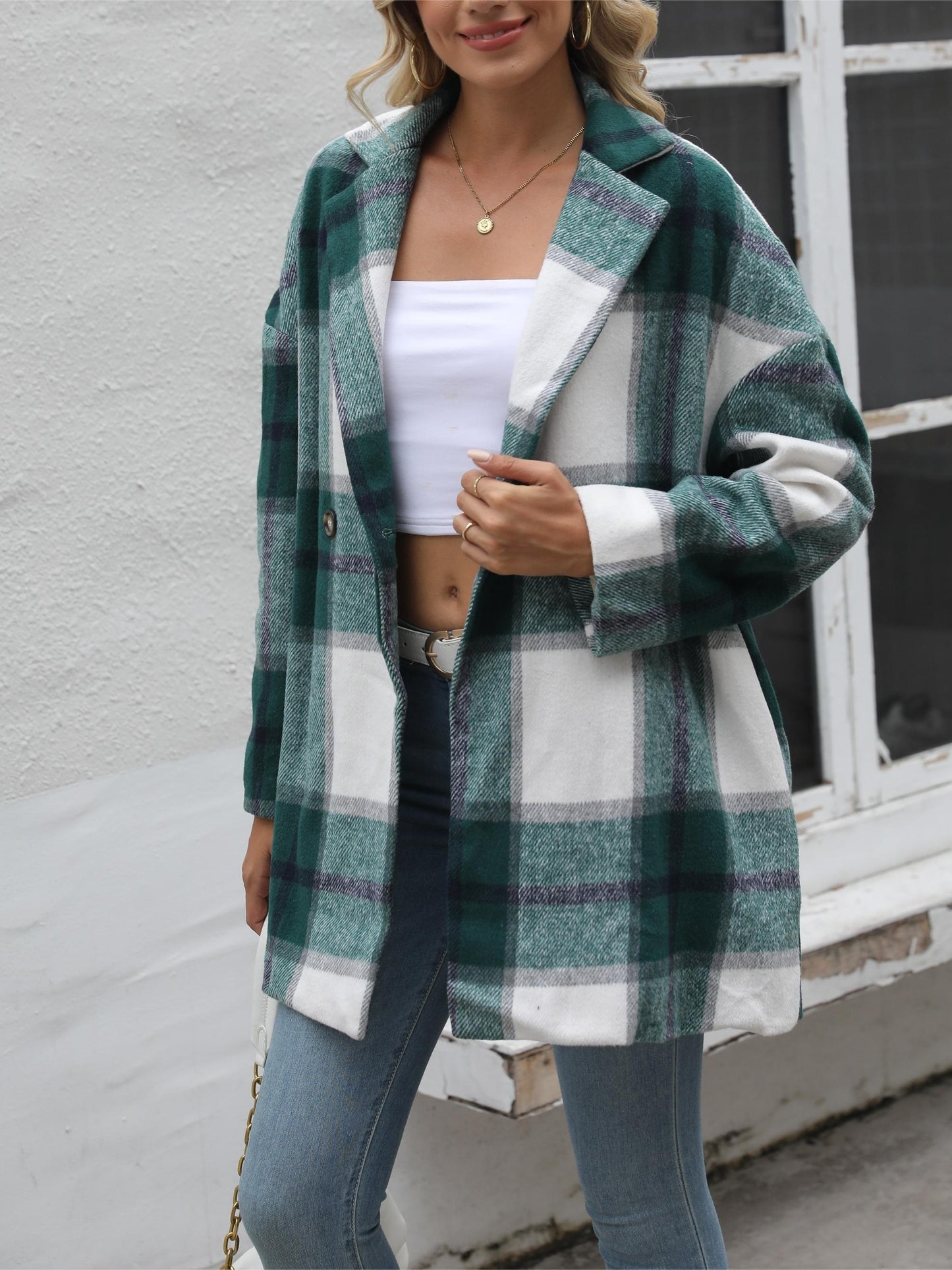 Antmvs Gingham Button Drop Shoulder Coat, Casual Long Sleeve Fashion Loose Plaid Outerwear, Women's Clothing