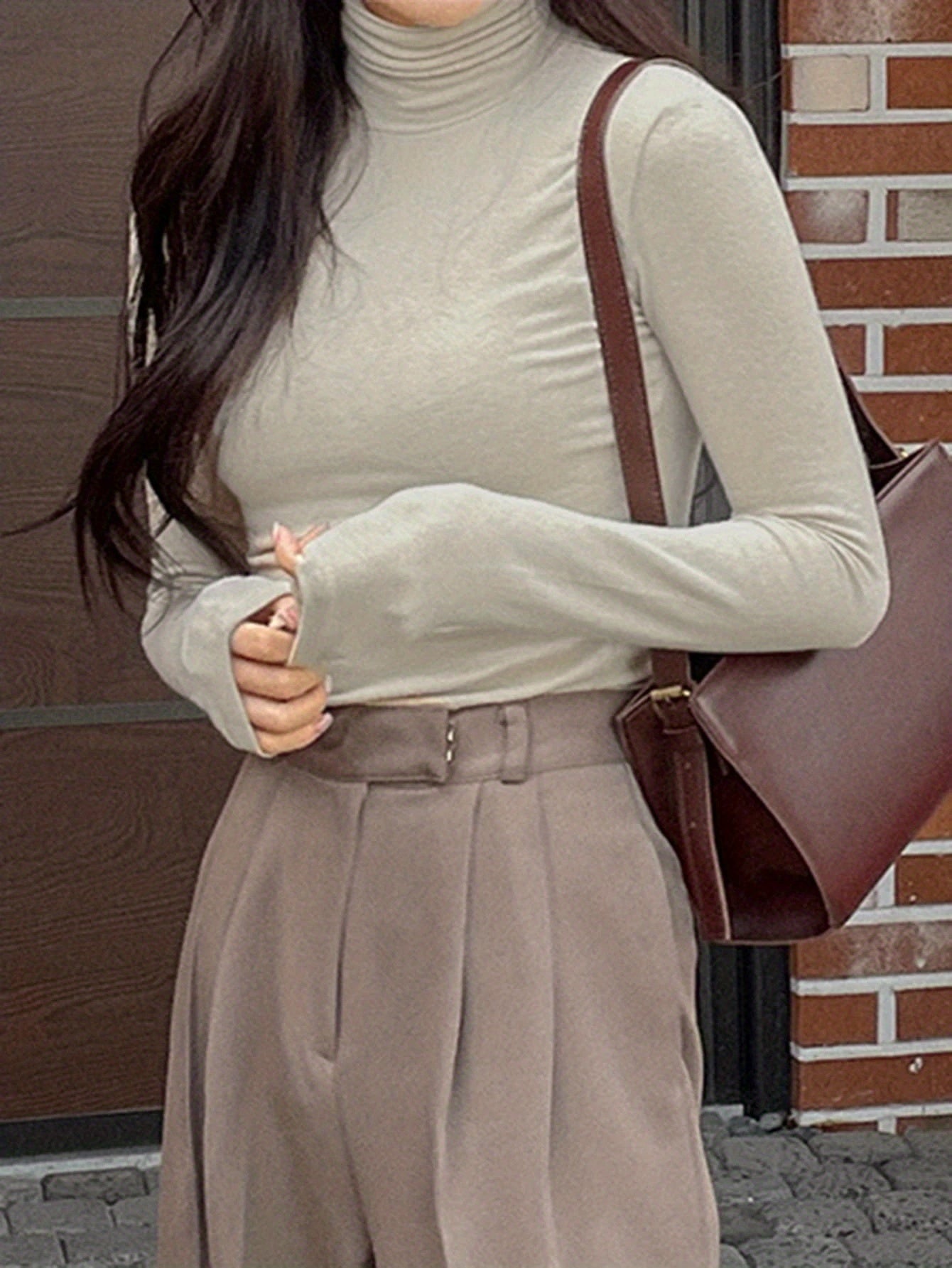 Antmvs Solid Turtle Neck Slim T-Shirt, Casual Long Sleeve T-Shirt For Spring & Fall, Women's Clothing