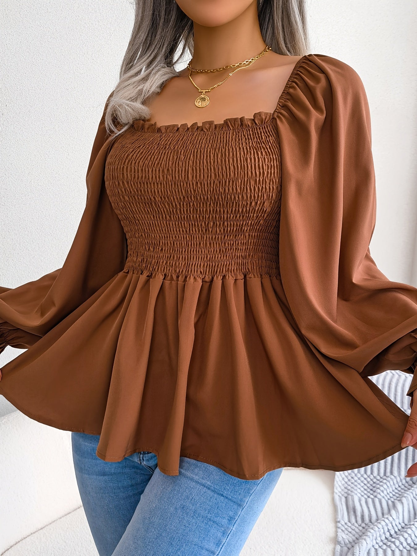 Antmvs Shirred Lantern Sleeve Shirt, Casual Squared Neck Pleated Ruffle Trim Solid Shirt, Women's Clothing