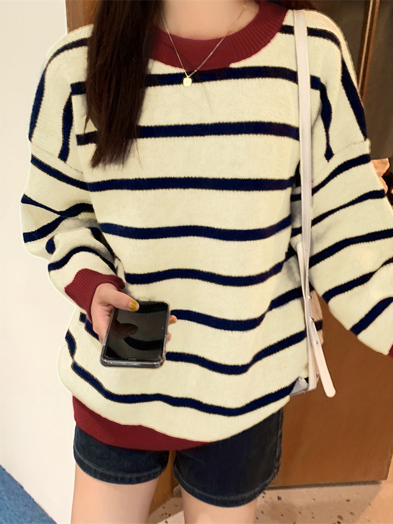 Antmvs Color Block Striped Pullover Sweater, Casual Long Sleeve Crew Neck Sweater For Fall & Winter, Women's Clothing