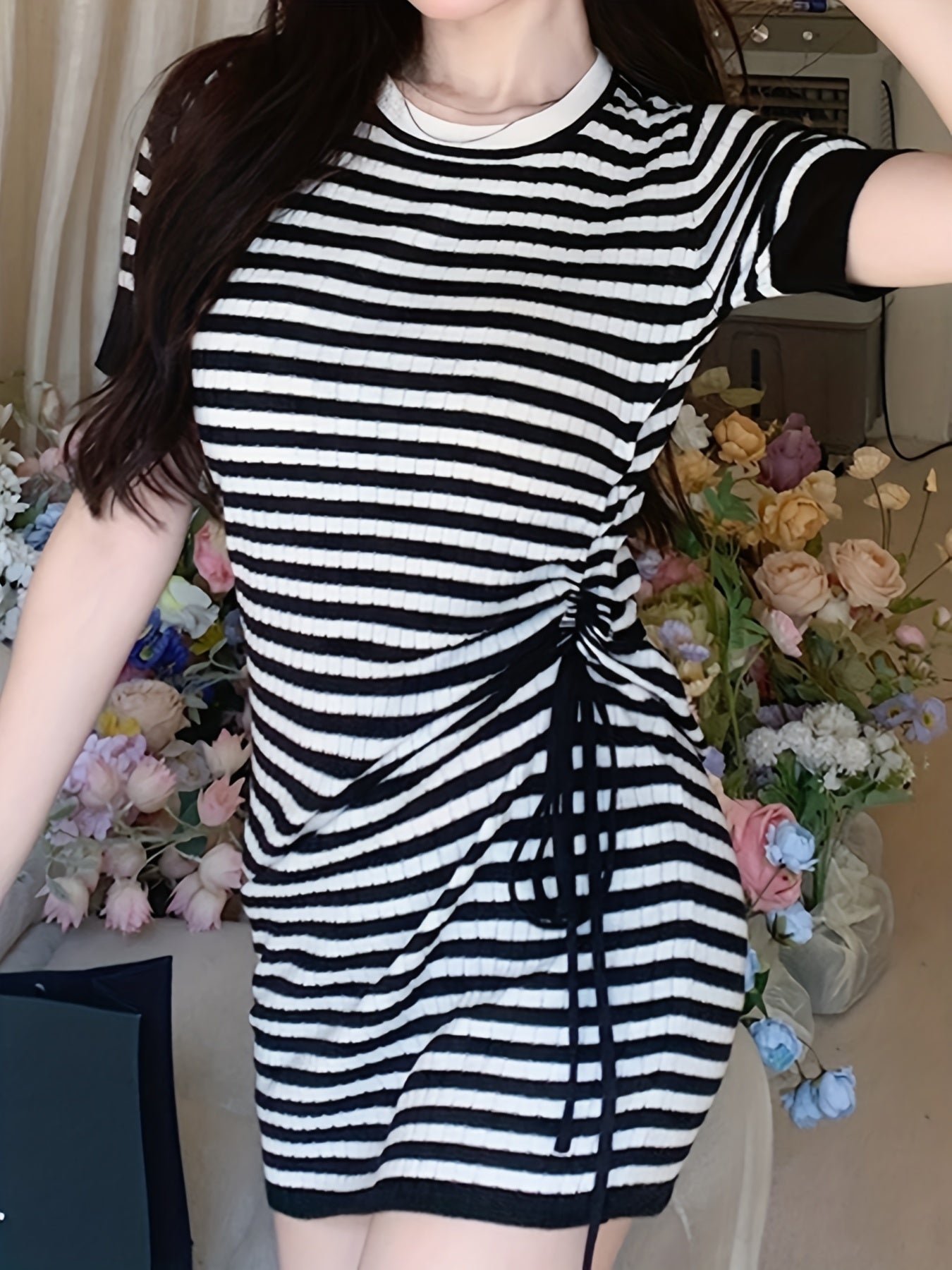 Antmvs Striped Bodycon Dress, Casual Cute Crew Neck Short Sleeve Bag Hip Drawstring Dress, Women's Clothing