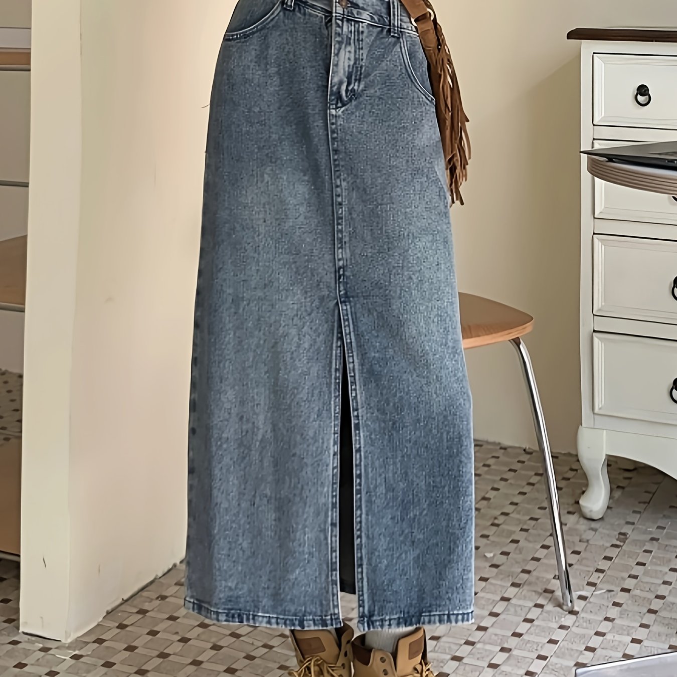 Antmvs Split Front Niche Design Denim Midi Skirt, Double Button High Waist A-line Fashion Denim Skirt, Women's Denim Clothing