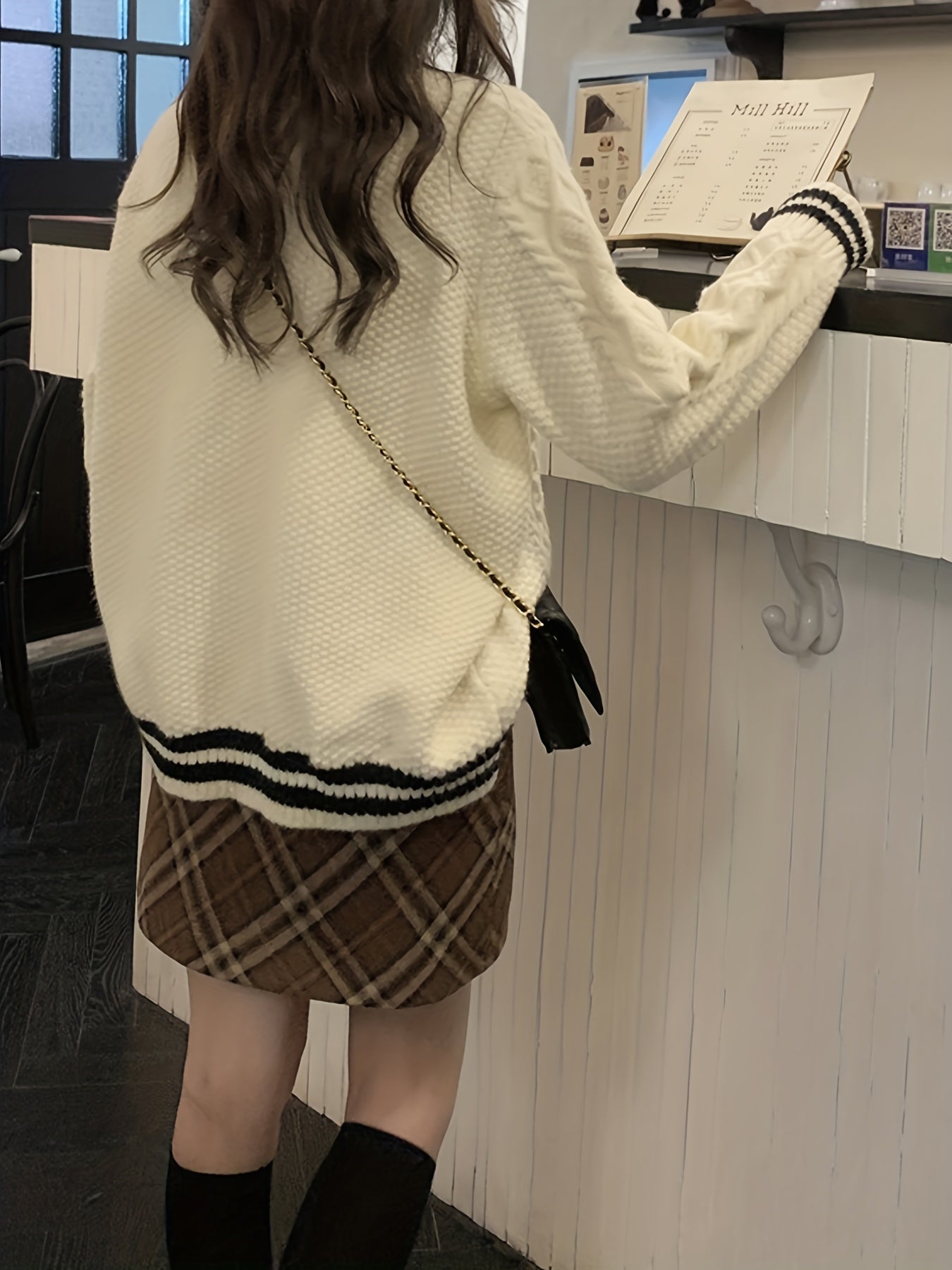 Antmvs Contrast Trim Cable Knit Sweater, Preppy V Neck Long Sleeve Sweater For Fall & Winter, Women's Clothing