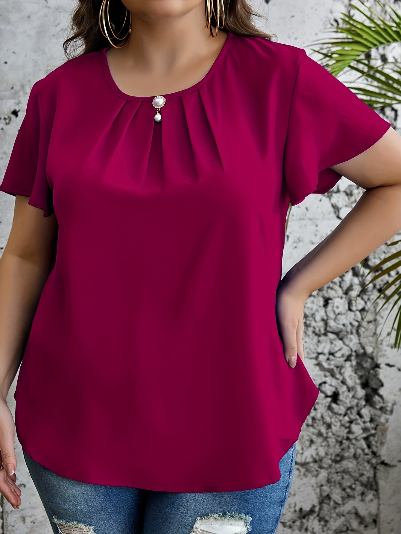 Plus Size Chic Ruched Blouse - Flattering Solid Colors, Crew Neck, Short Sleeves - Perfect Casual Style for Spring & Summer - Curvy Womens Fashion Clothing