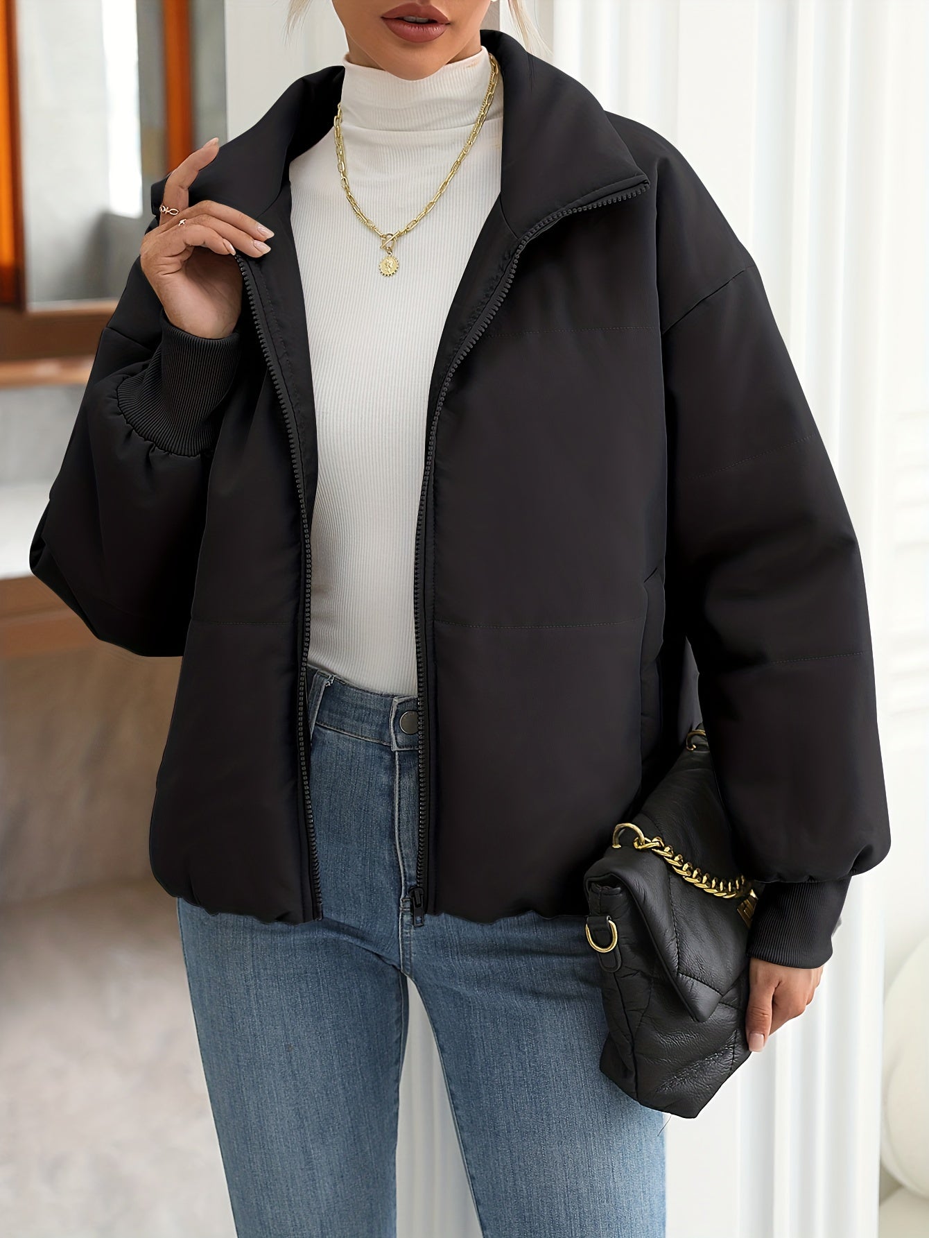 Antmvs Zip Up Solid Coat, Casual Long Sleeve Winter Warm Outerwear, Women's Clothing