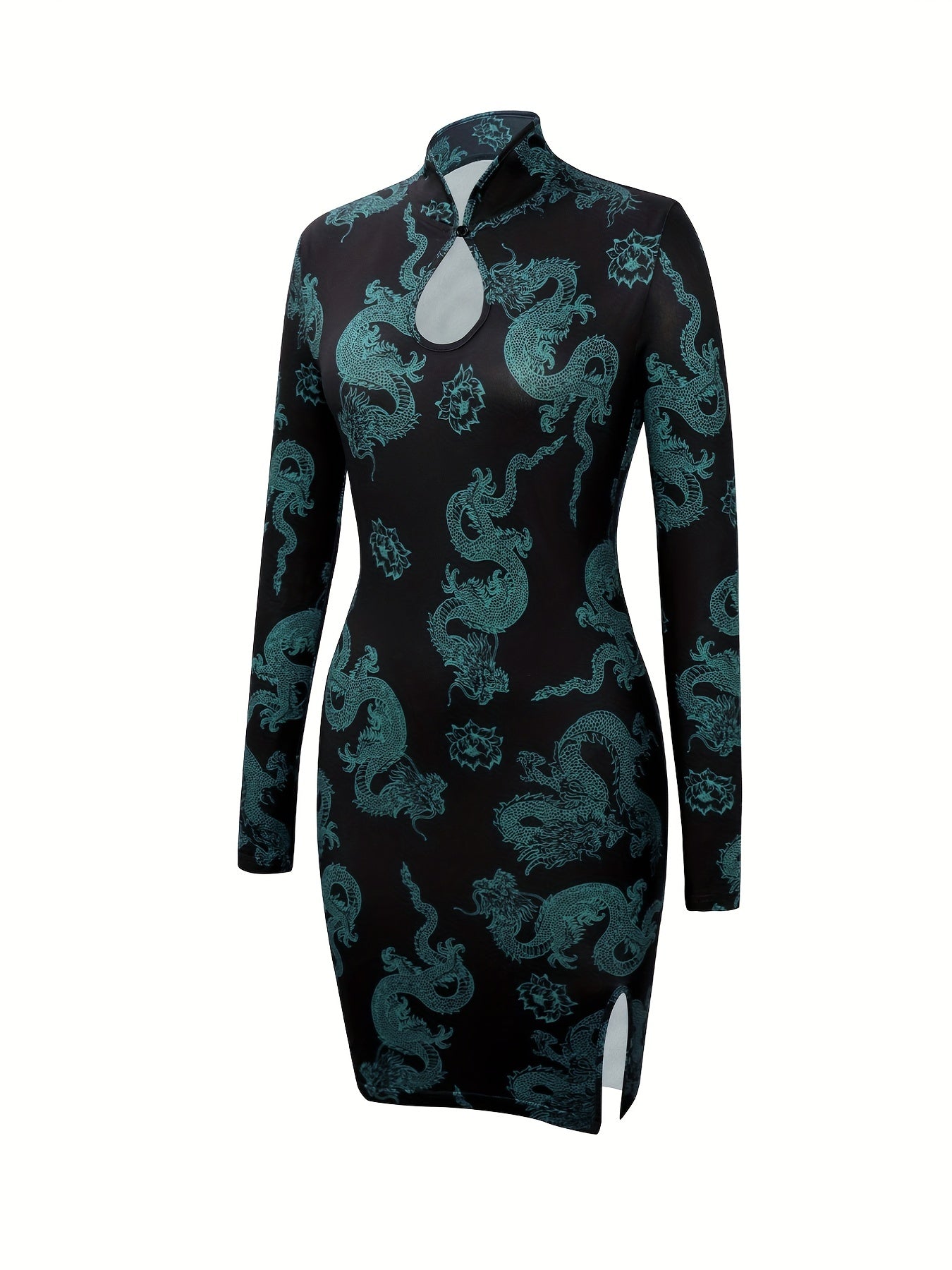 Antmvs Chinese Vintage Cheongsam, Bodycon Long Sleeve Keyhole Mandarin Collar Split Hem Dress, Women's Clothing