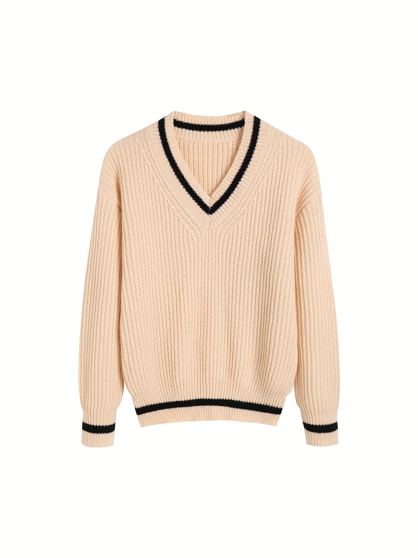 Antmvs Striped Print Knit Sweater, Casual V Neck Long Sleeve Sweater, Women's Clothing