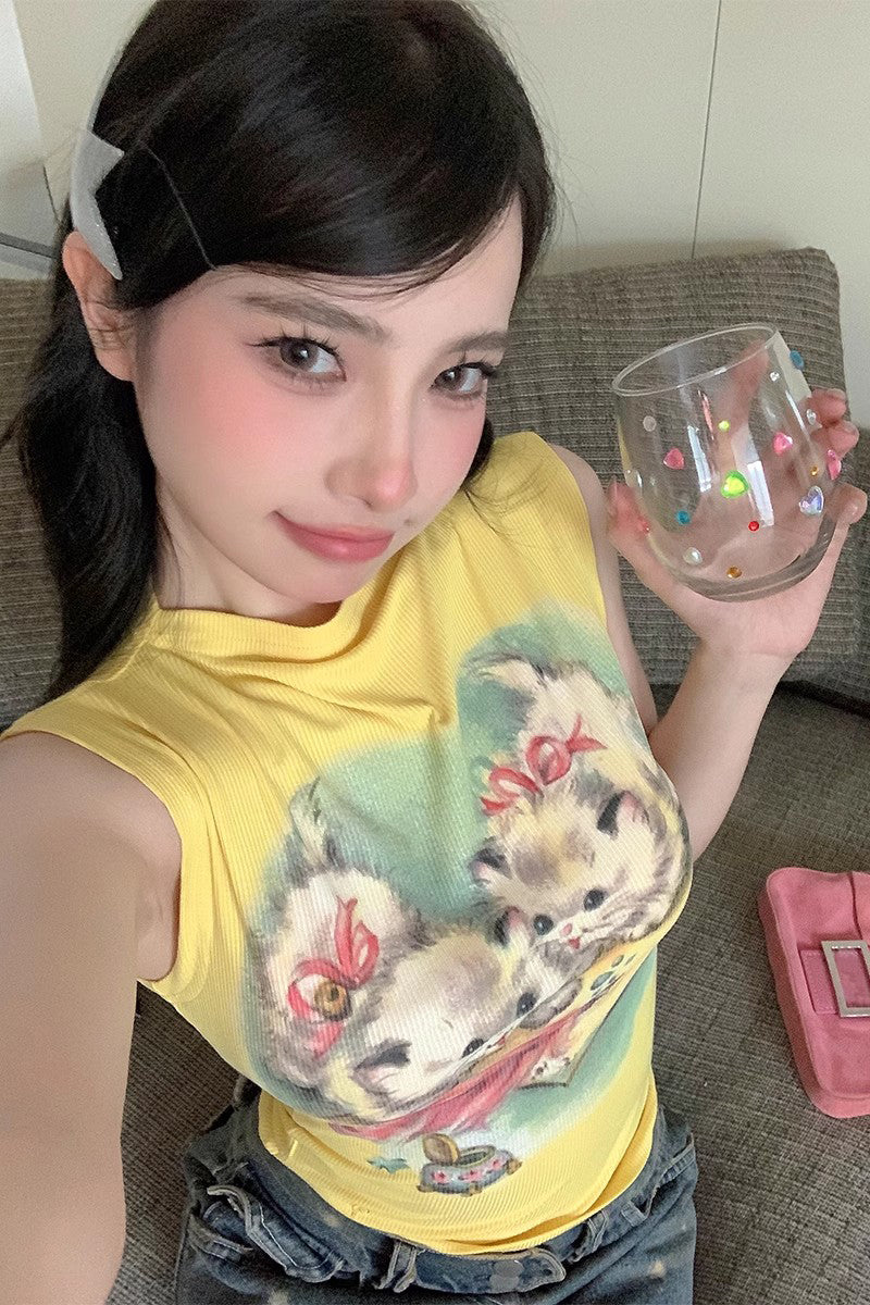 Antmvs Willa Solid Color Graphic Cat Image Print Slim Summer Cropped Top