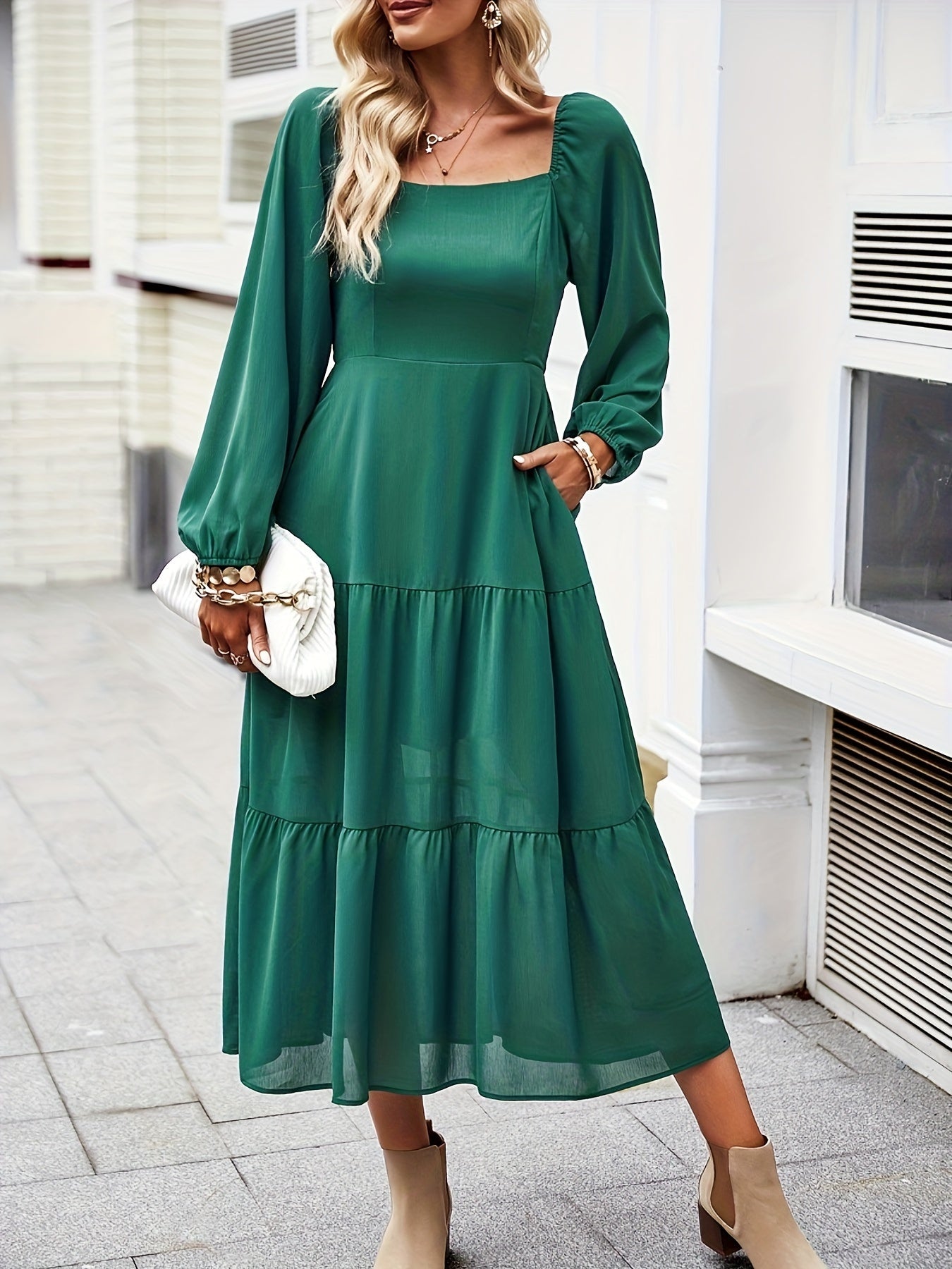 Antmvs Tiered Solid Dress, Elegant Squared Neck Long Sleeve Dress, Women's Clothing