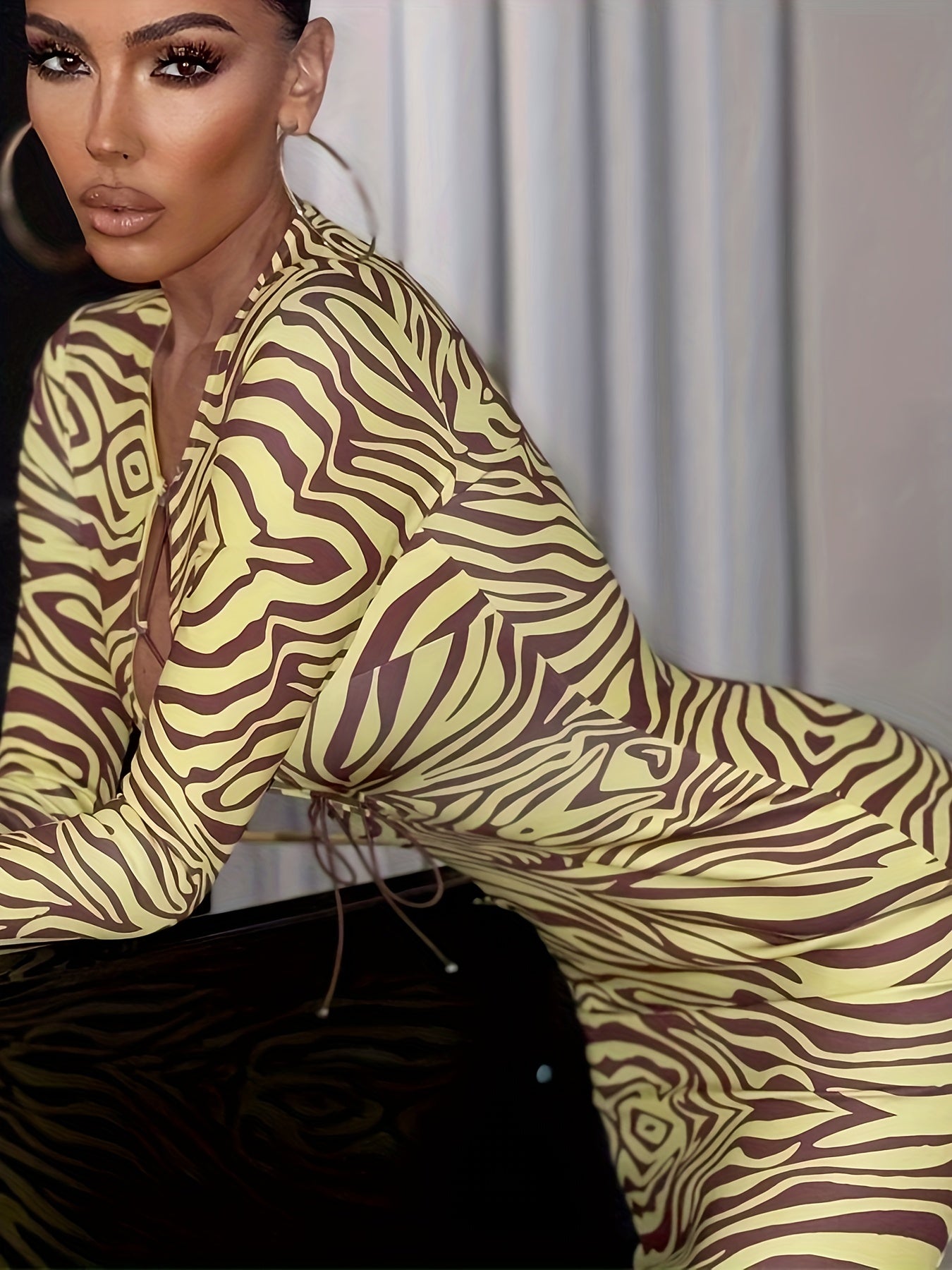 Antmvs Geo Print Bodycon Dress, Tie Front Long Sleeve Midi Dress, Women's Clothing