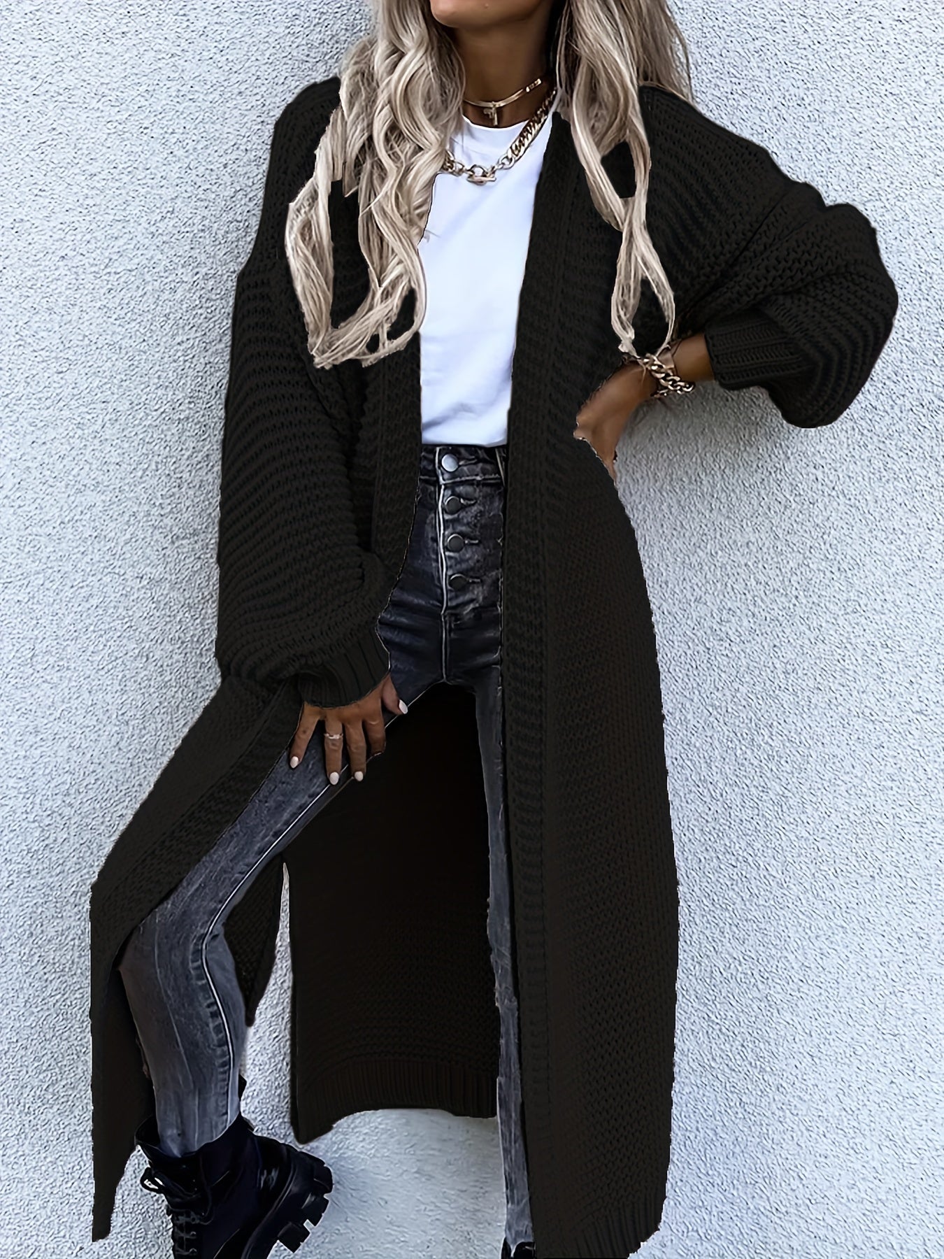Antmvs Solid Open Front Side Split Cardigan, Casual Long Sleeve Cardigan For Spring & Fall, Women's Clothing