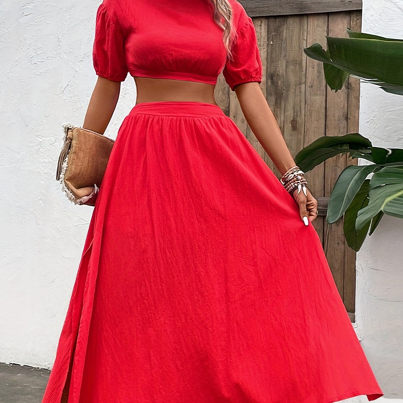 Antmvs Solid Casual Two-piece Set, Cropped Puff Sleeve Tops & Split High Waist Skirts Outfits, Women's Clothing