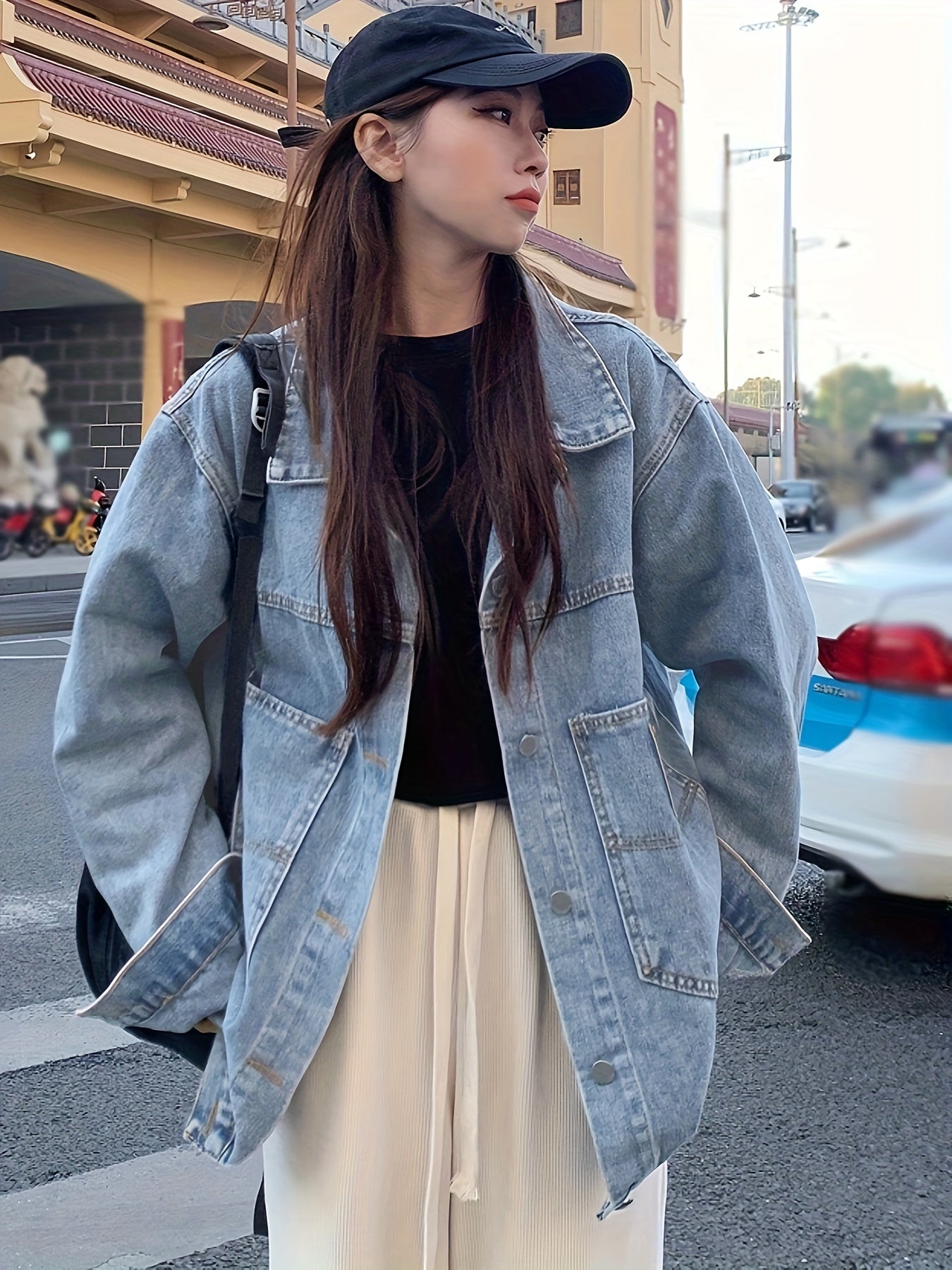Antmvs Blue Loose Fit Lapel Denim Coat, Long Sleeves Single Breasted Button Denim Jacket, Women's Denim Clothing