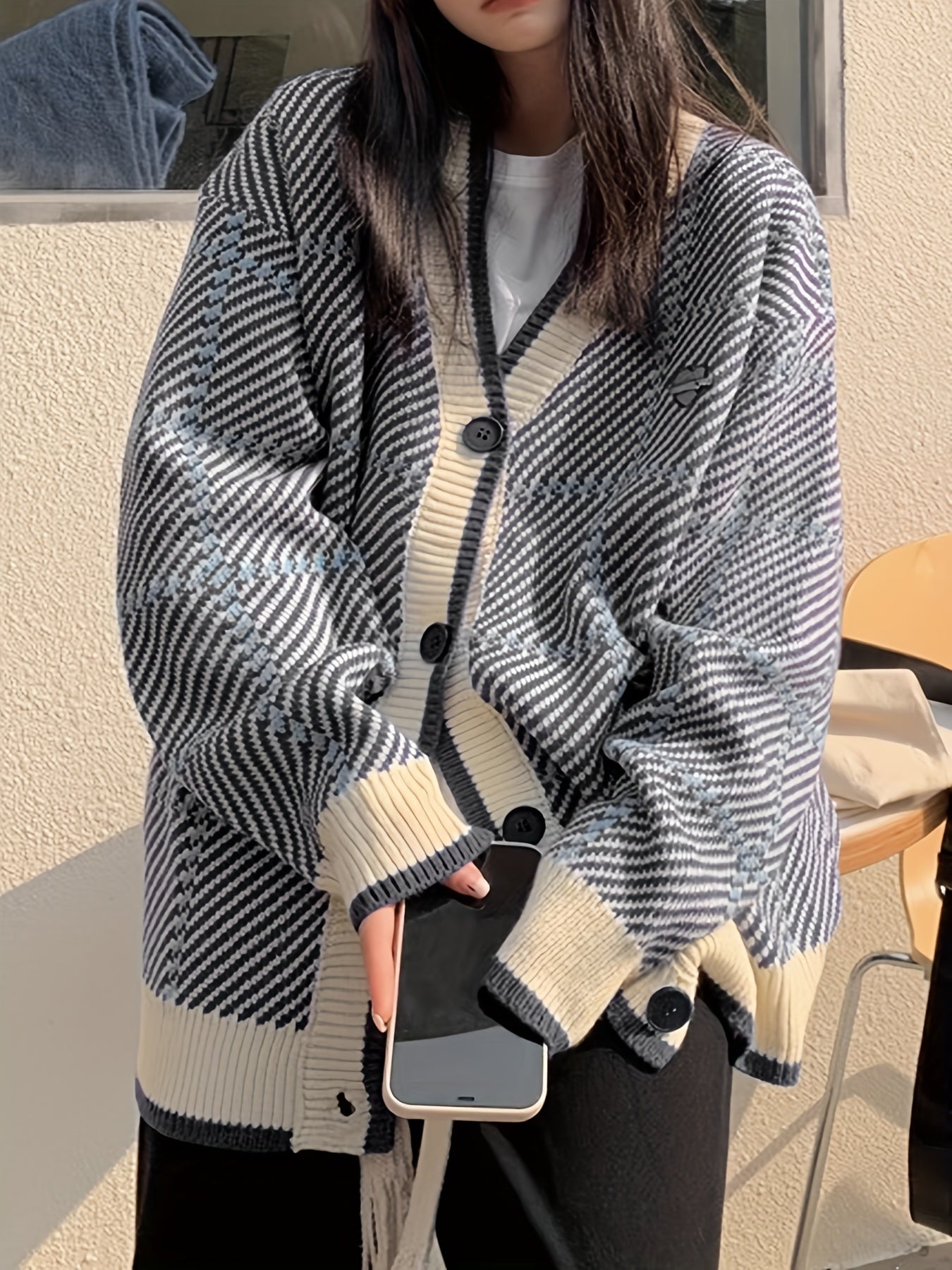 Antmvs Striped V-neck Loose Knit Cardigans, Casual Button Long Sleeve Fall Winter Knit Cardigan, Women's Clothing