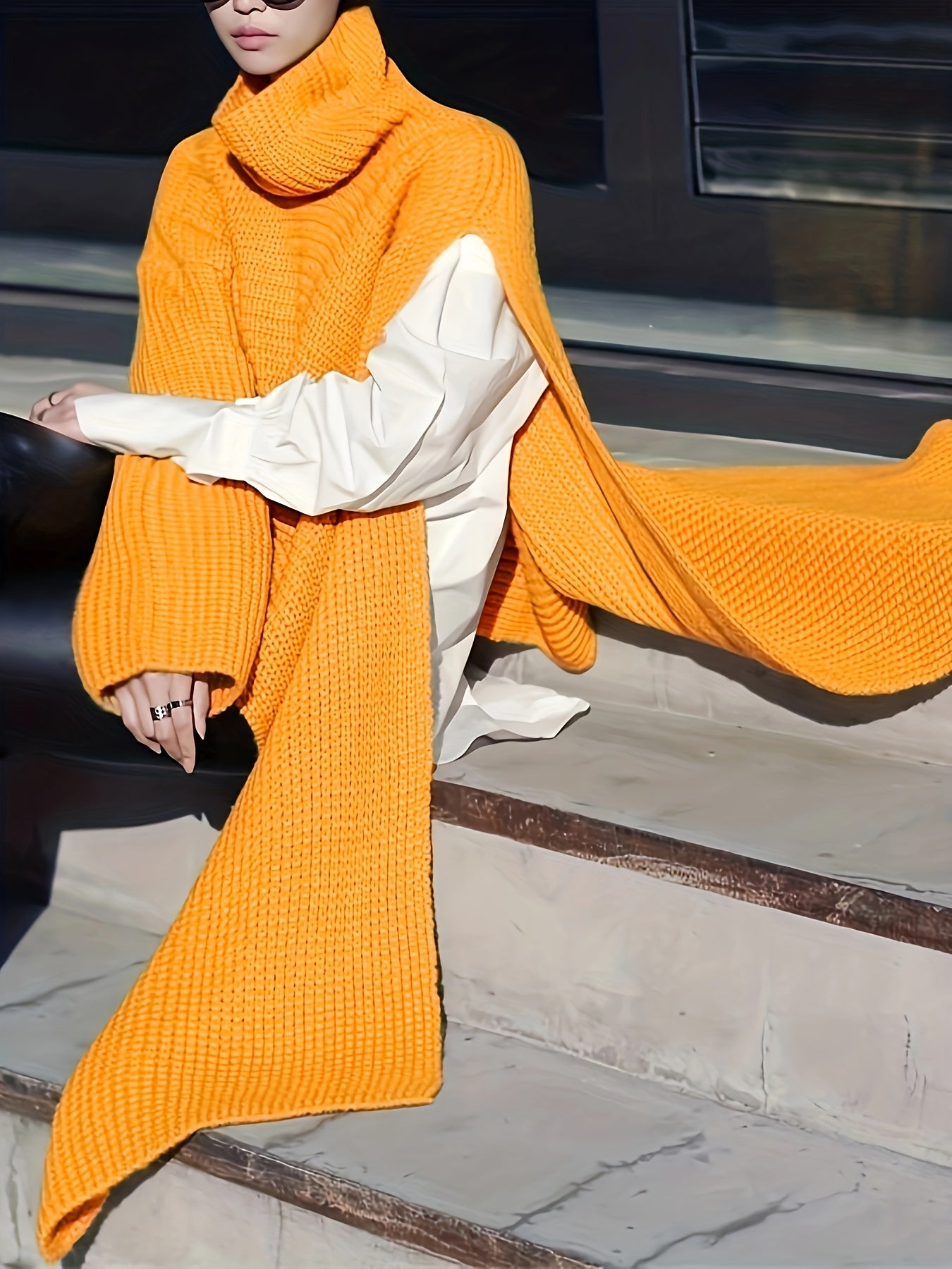Antmvs Plus Size Elegant Sweater, Women's Plus Solid Single Long Sleeve Turtle Neck Irregular Cloak High Stretch Split Pullover Jumper