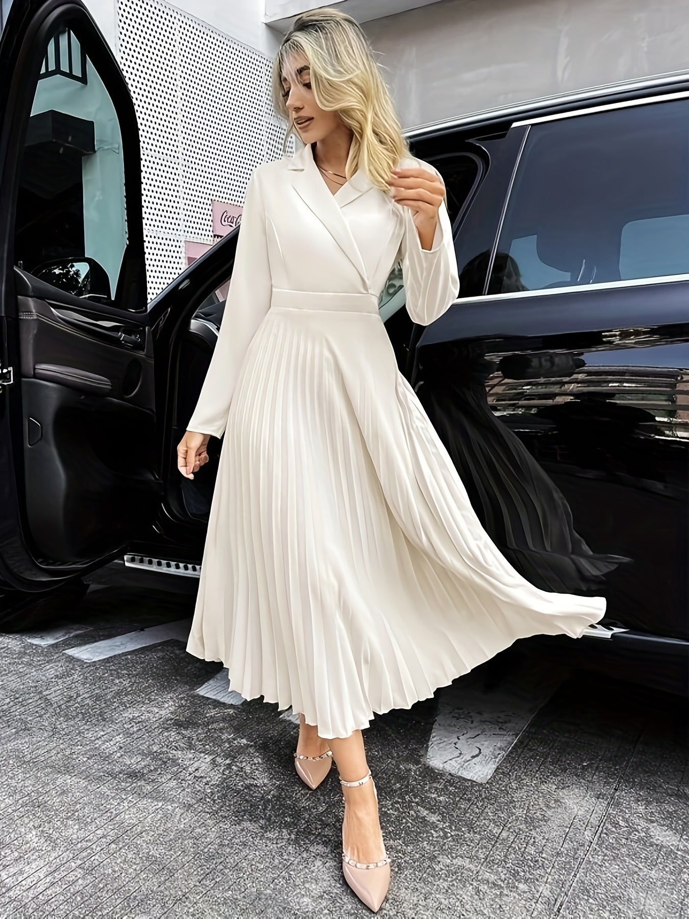 Antmvs Surplice Neck Pleated Dress, Elegant Solid Long Sleeve Maxi Dress, Women's Clothing