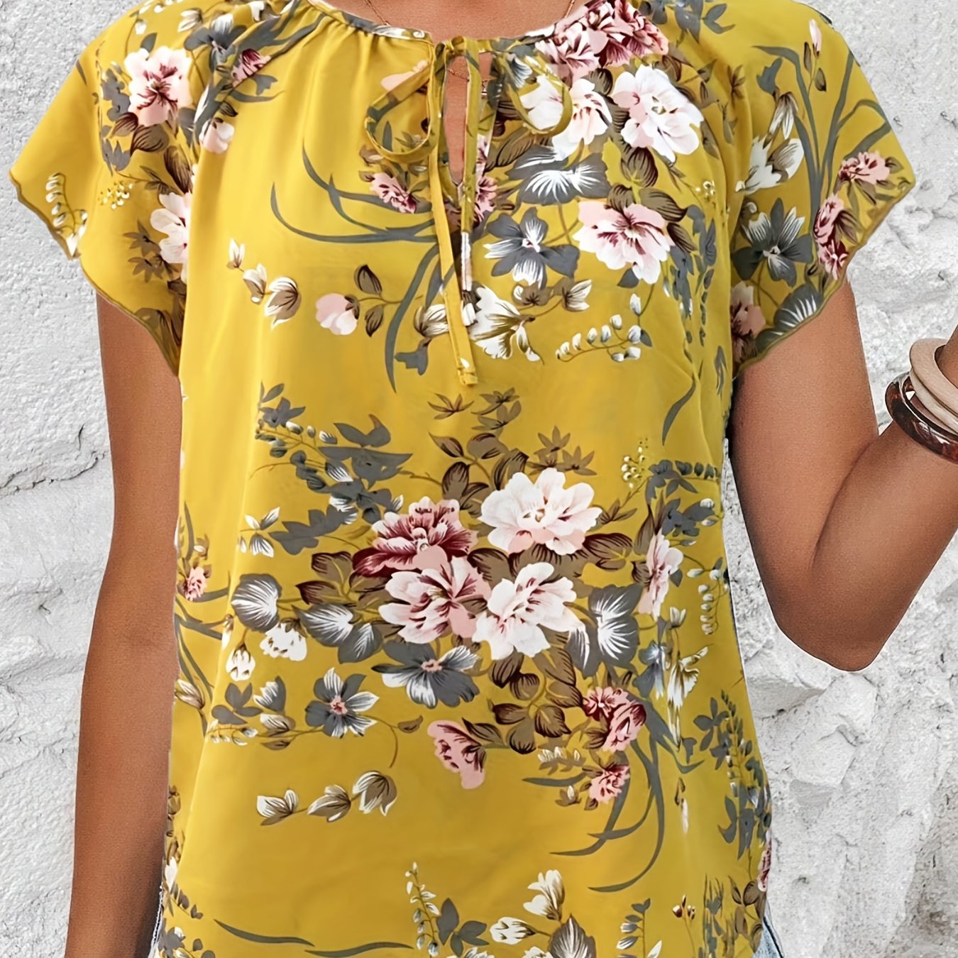 Antmvs Floral Print Drawstring Blouse, Elegant V Neck Short Sleeve Blouse, Women's Clothing