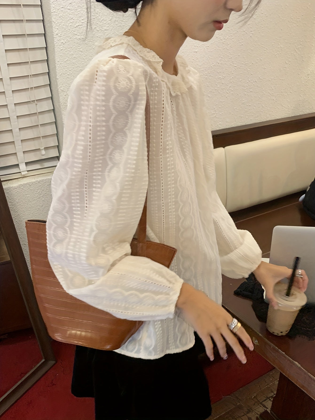 Antmvs Contrast Lace Solid Blouse, Casual Crew Neck Lantern Sleeve Blouse, Women's Clothing
