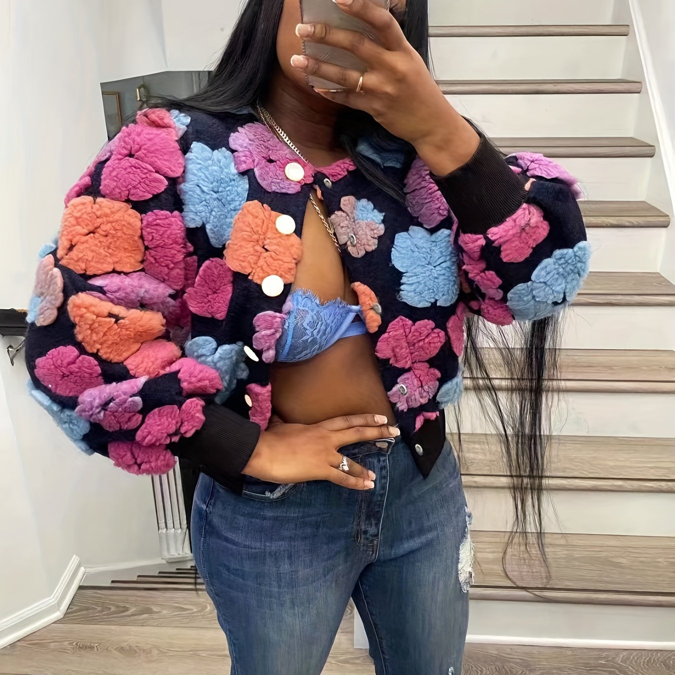 Antmvs Floral Pattern Warm Coat, Casual Button Front Long Sleeve Outerwear, Women's Clothing