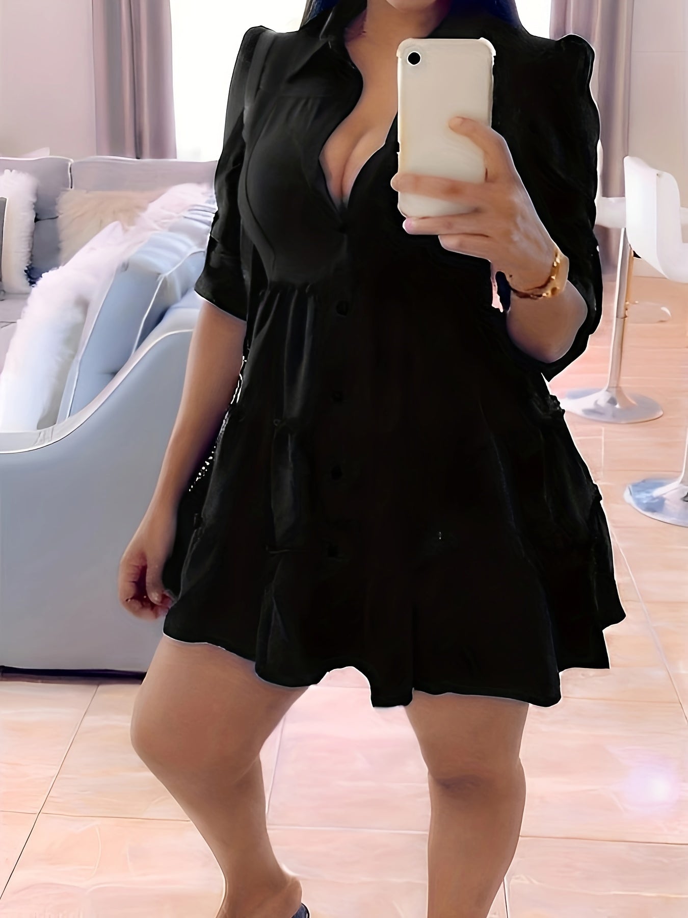 Antmvs Ruffle Layered Hem Shirt Dress, Casual Button Dress For Spring & Summer, Women's Clothing