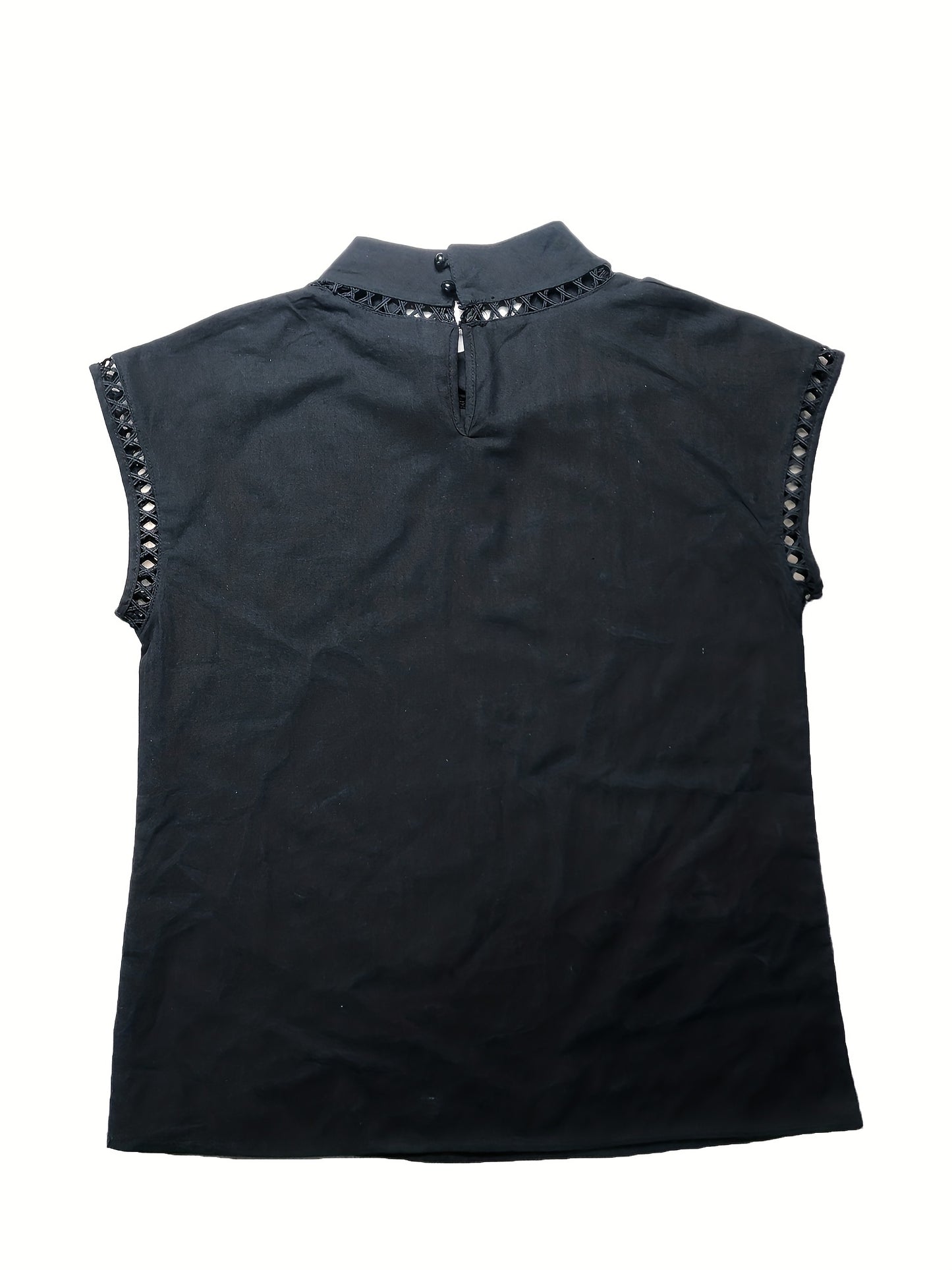 Antmvs Solid Cut Out Blouse, Casual Stand Collar Short Sleeve Simple Blouse, Women's Clothing