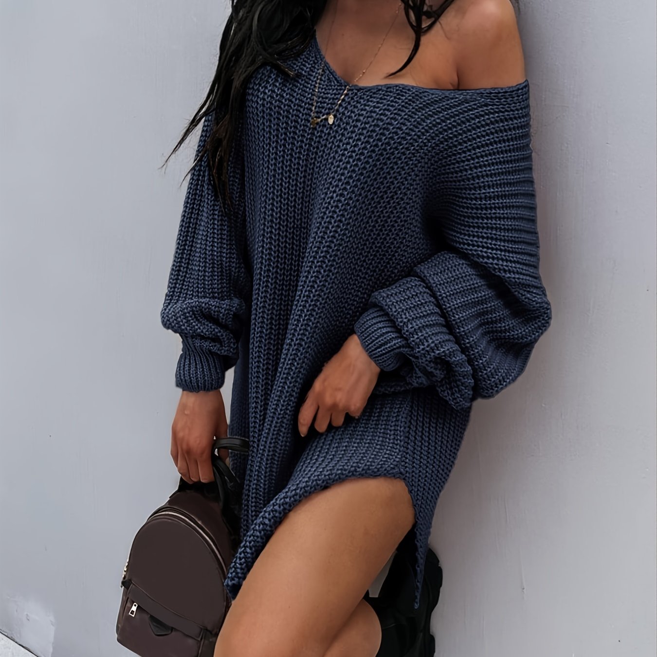Antmvs Lantern Sleeve Knitted V-neck Sweater, Autumn And Winter New Knitted V-neck Sweater, Women's Clothing