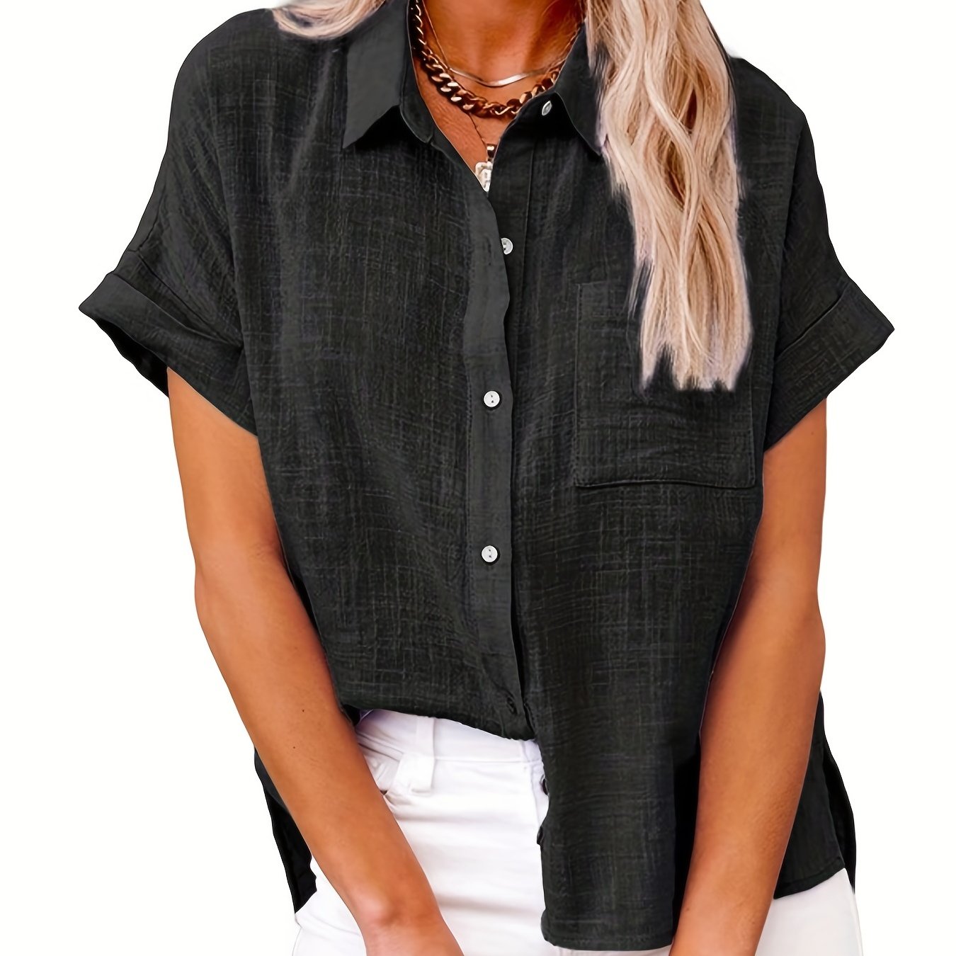 Antmvs Solid Color Short Sleeve Blouse, Casual Button Front Blouse For Spring & Summer, Women's Clothing