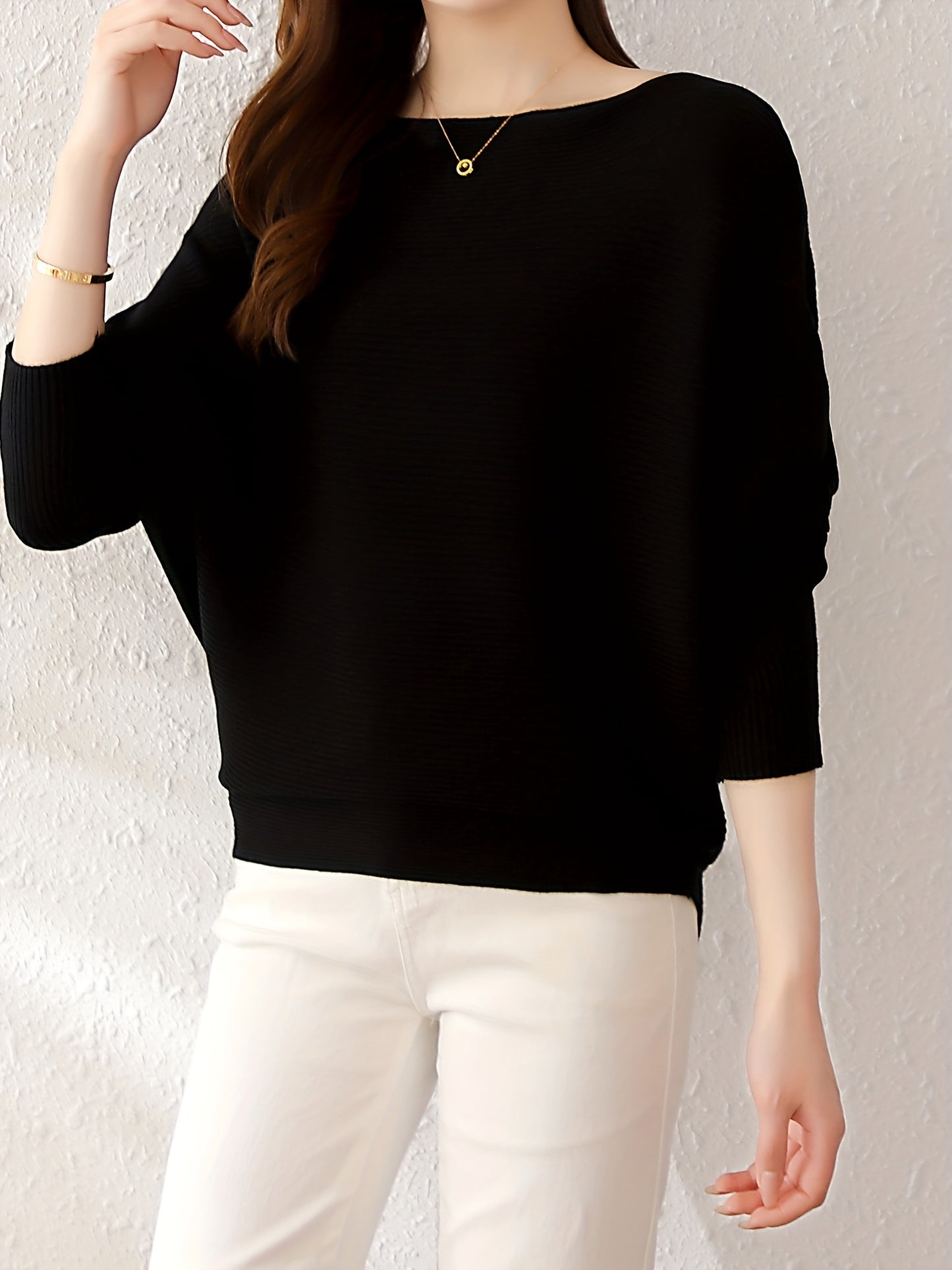 Antmvs Solid Batwing Sleeve Knit Sweater, Casual Boat Neck Sweater For Spring & Fall, Women's Clothing