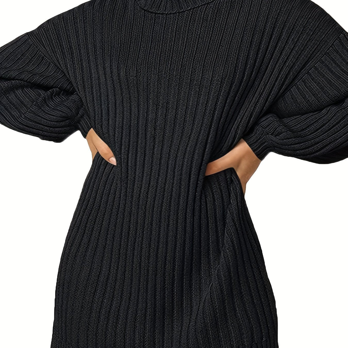 Antmvs Plus Size Casual Sweater Dress, Women's Plus Solid Long Sleeve Turtle Neck Mini Sweater Dress