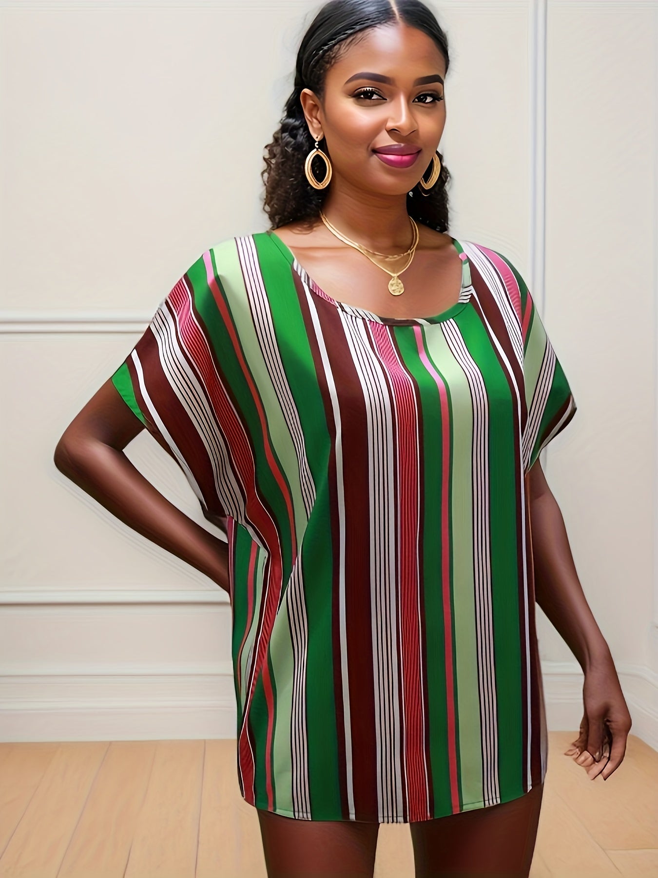 Antmvs Colorful Striped Blouse, Elegant Crew Neck Short Sleeve Comfy Blouse, Women's Clothing