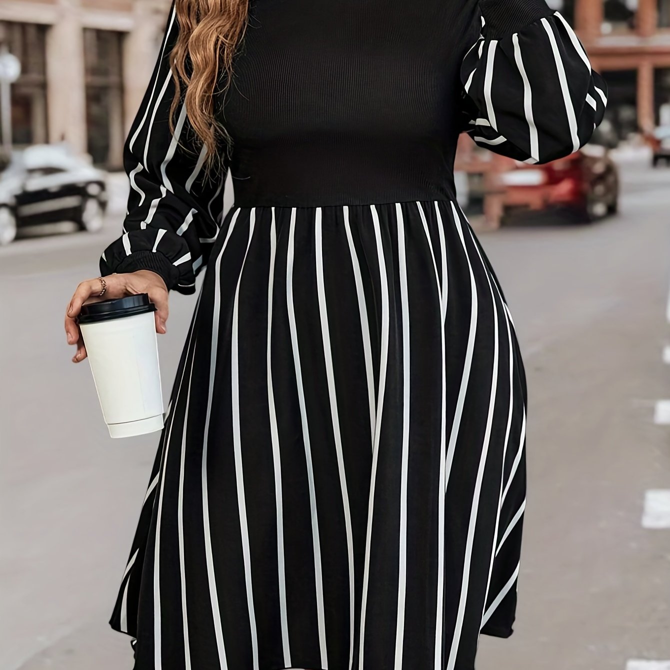 Antmvs Plus Size Casual Dress, Women's Plus Colorblock Stripe Print Long Sleeve Round Neck Slight Stretch A-line Dress