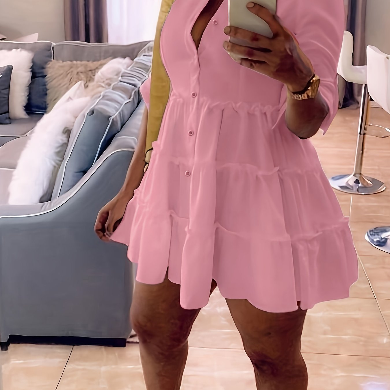 Antmvs Ruffle Layered Hem Shirt Dress, Casual Button Dress For Spring & Summer, Women's Clothing