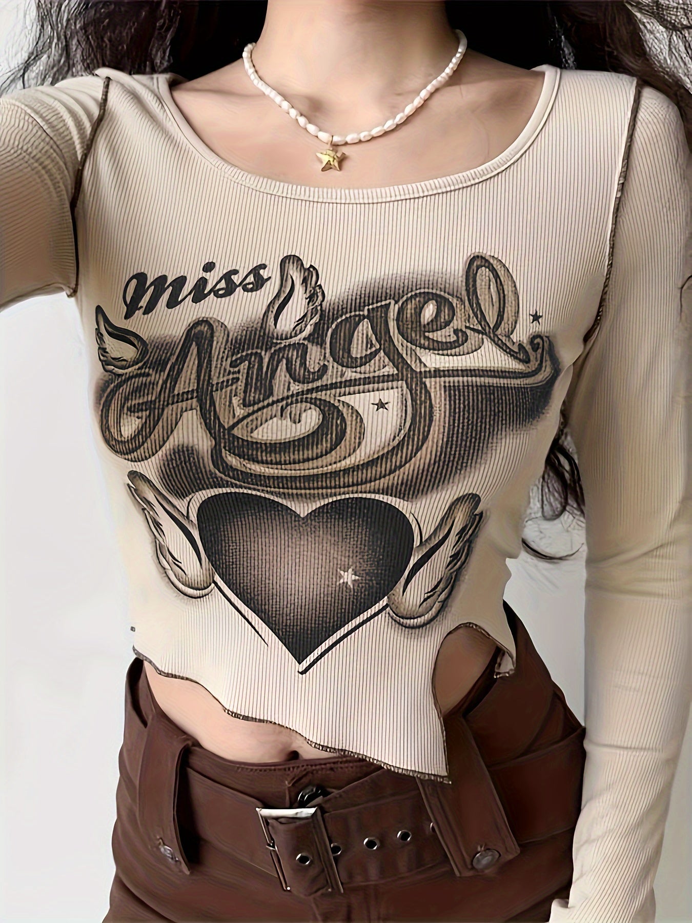 Antmvs Heart & Letter Print Notch Hem T-Shirt, Y2K Long Sleeve Top For Spring & Fall, Women's Clothing