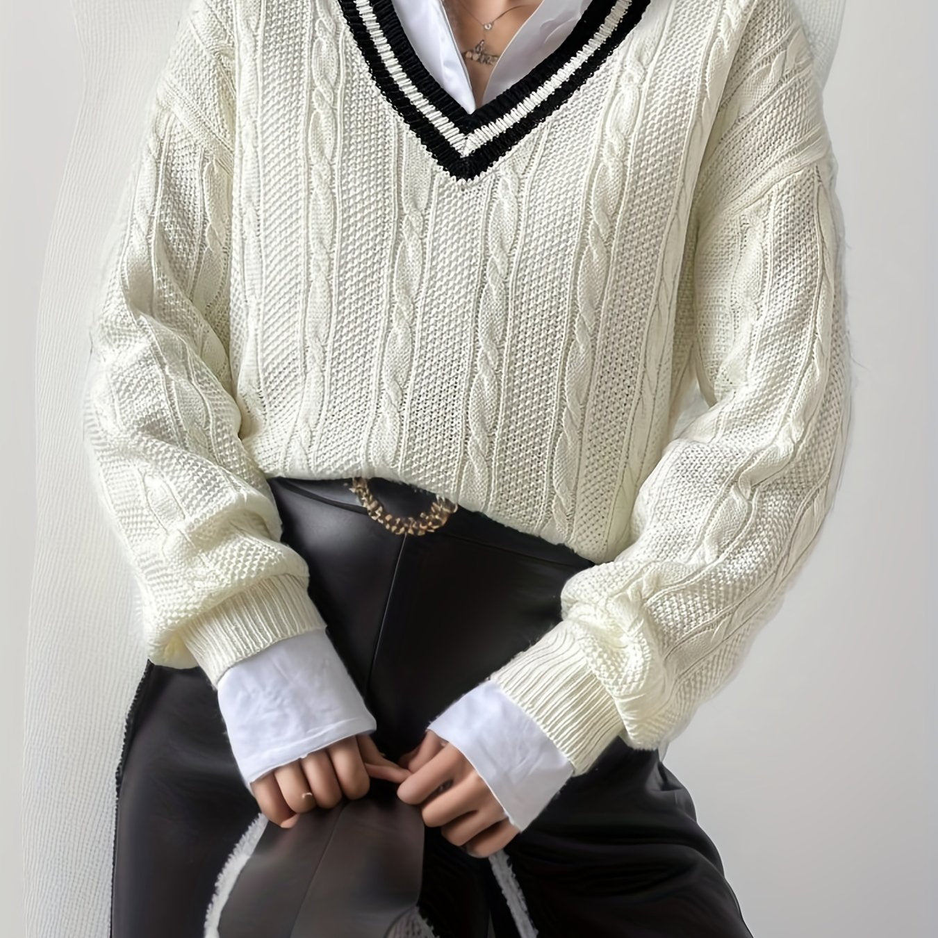 Antmvs V Neck Cable Knit Pullover Sweater, Casual Long Sleeve Drop Shoulder Sweater, Women's Clothing
