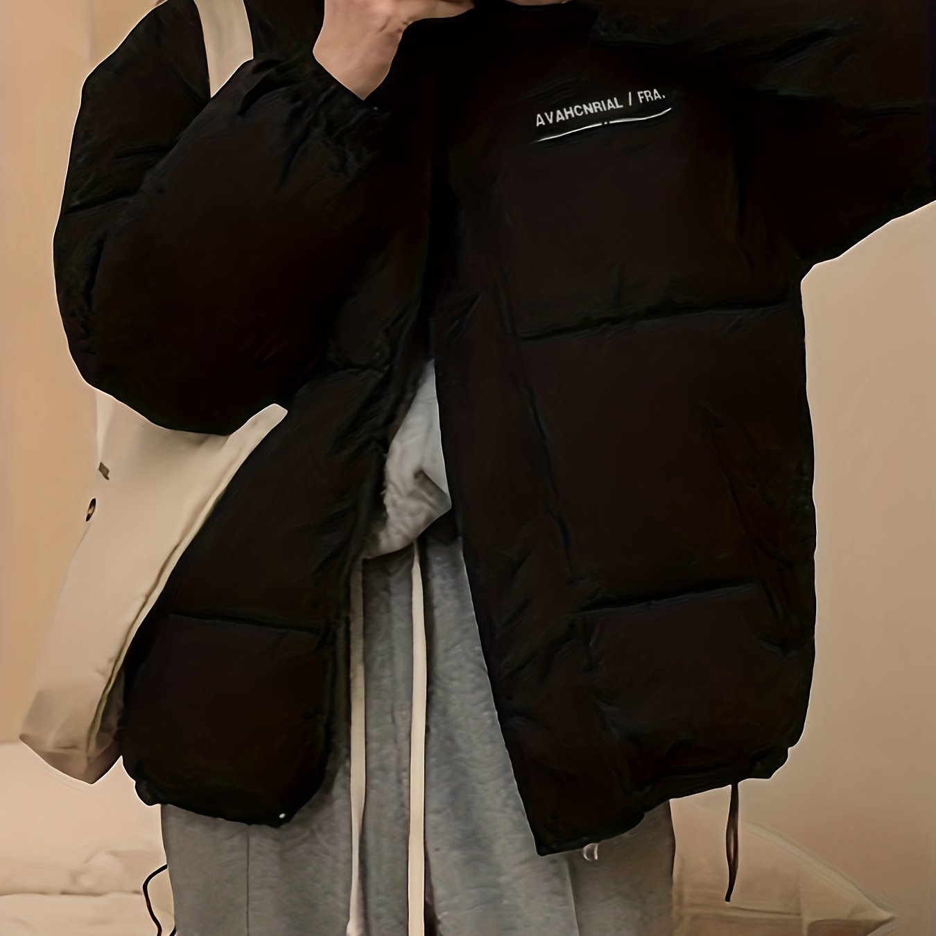 Antmvs Zip Up Letter Print Puffy Coat, Long Sleeve Slant Pockets Outwear For Winter, Women's Clothing
