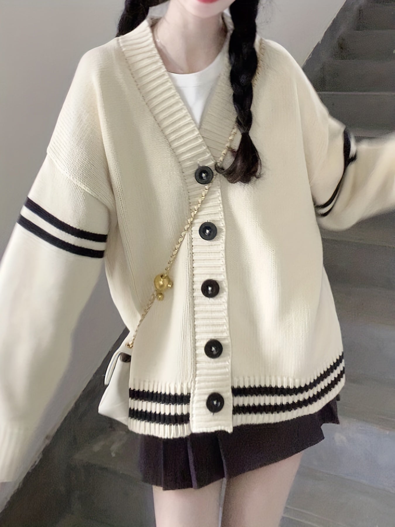Antmvs Striped Button V-neck Cardigan, Casual Long Sleeve Cardigan For Fall & Winter, Women's Clothing