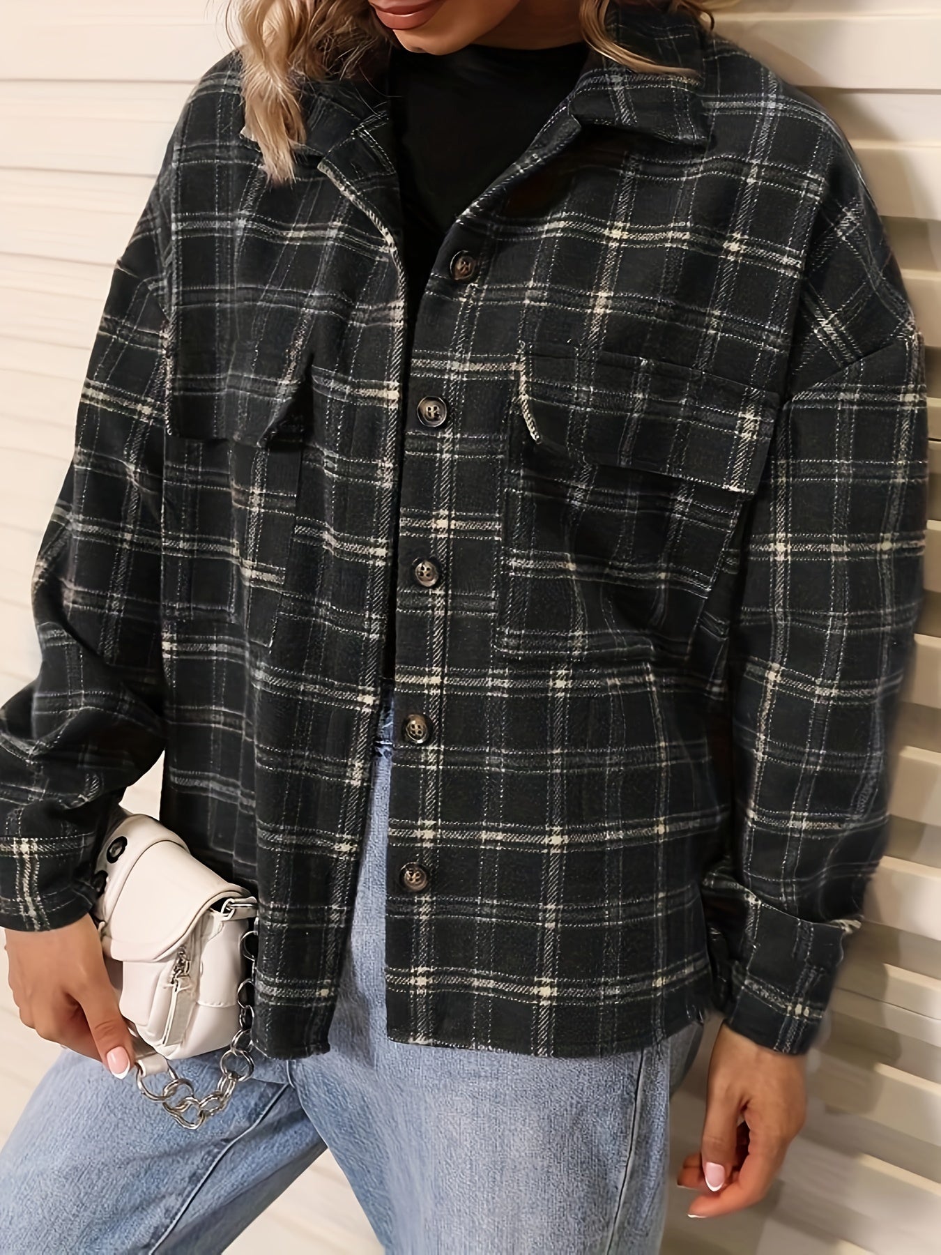 Antmvs Plus Size Casual Jacket, Women's Plus Plaid Print Long Sleeve Button Up Lapel Collar Jacket With Pockets