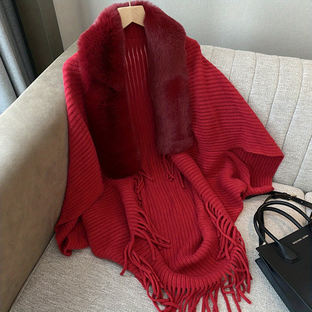 Antmvs Winter Faux Fur Collar Shawl Cape Solid Color Warm Shawl Coat Casual Loose Outer Wear Knit Shawl Wrap